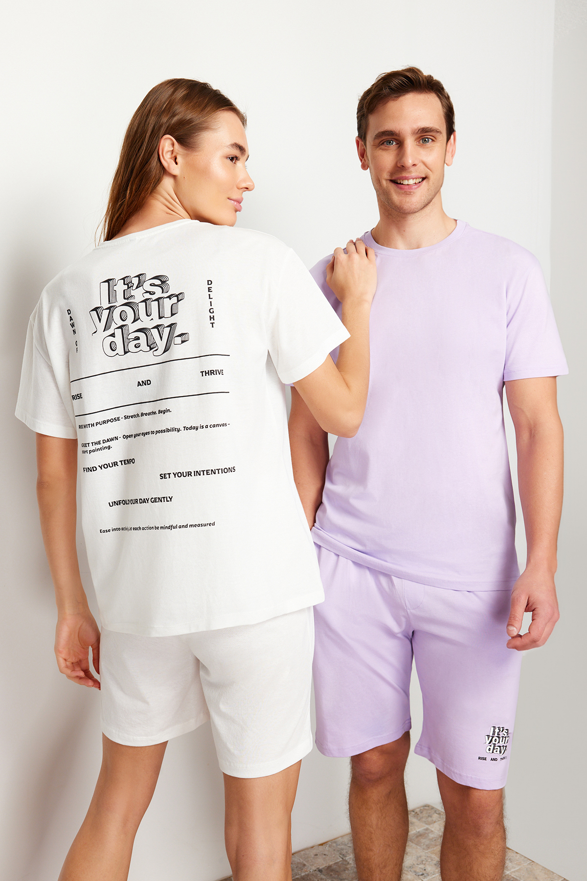 Trendyol Light Lilac Printed Regular Fit Couple Knitted Shorts Pajamas Set