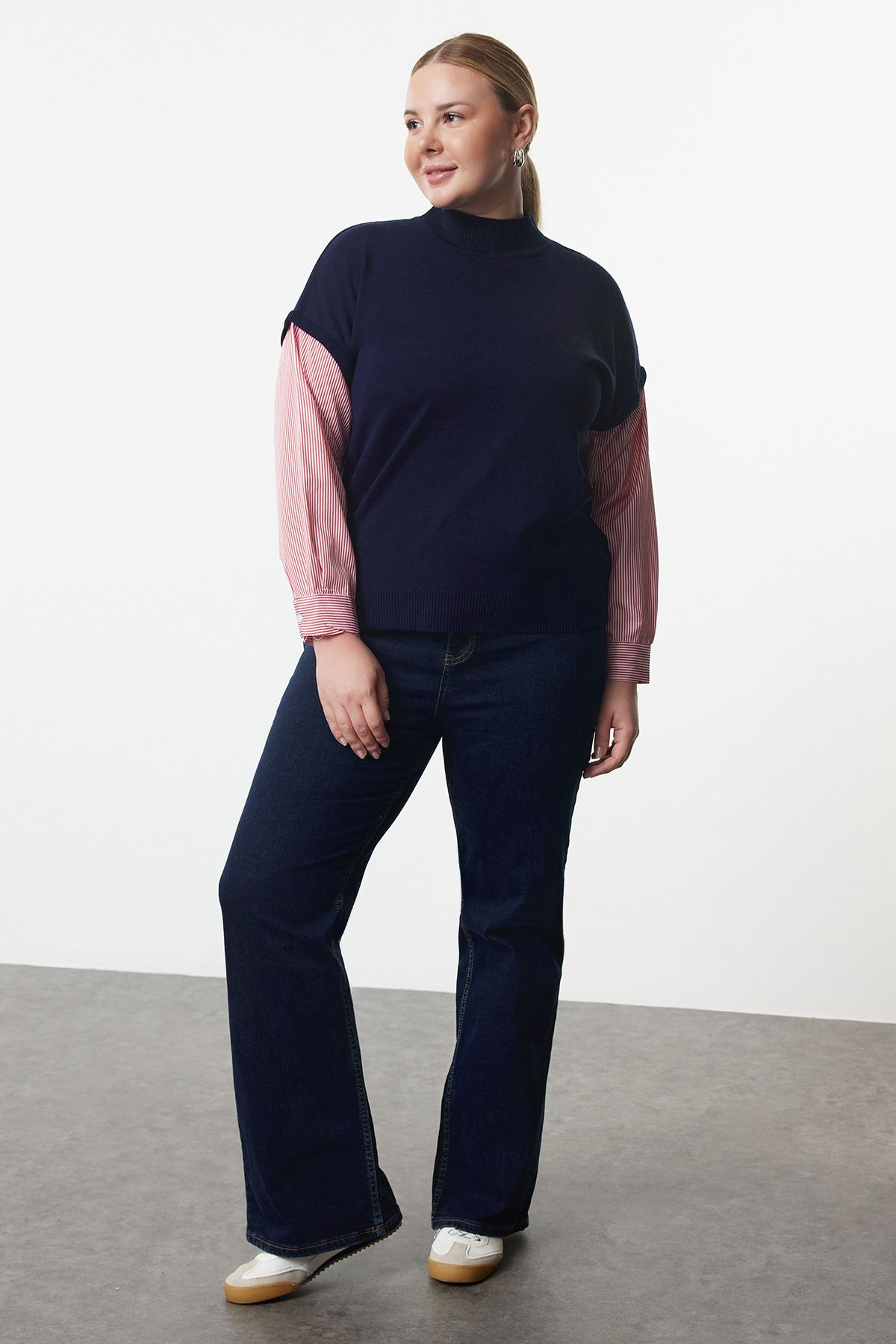 Trendyol Curve Multicolored Striped Sleeves Woven Mixed Knitwear Sweater