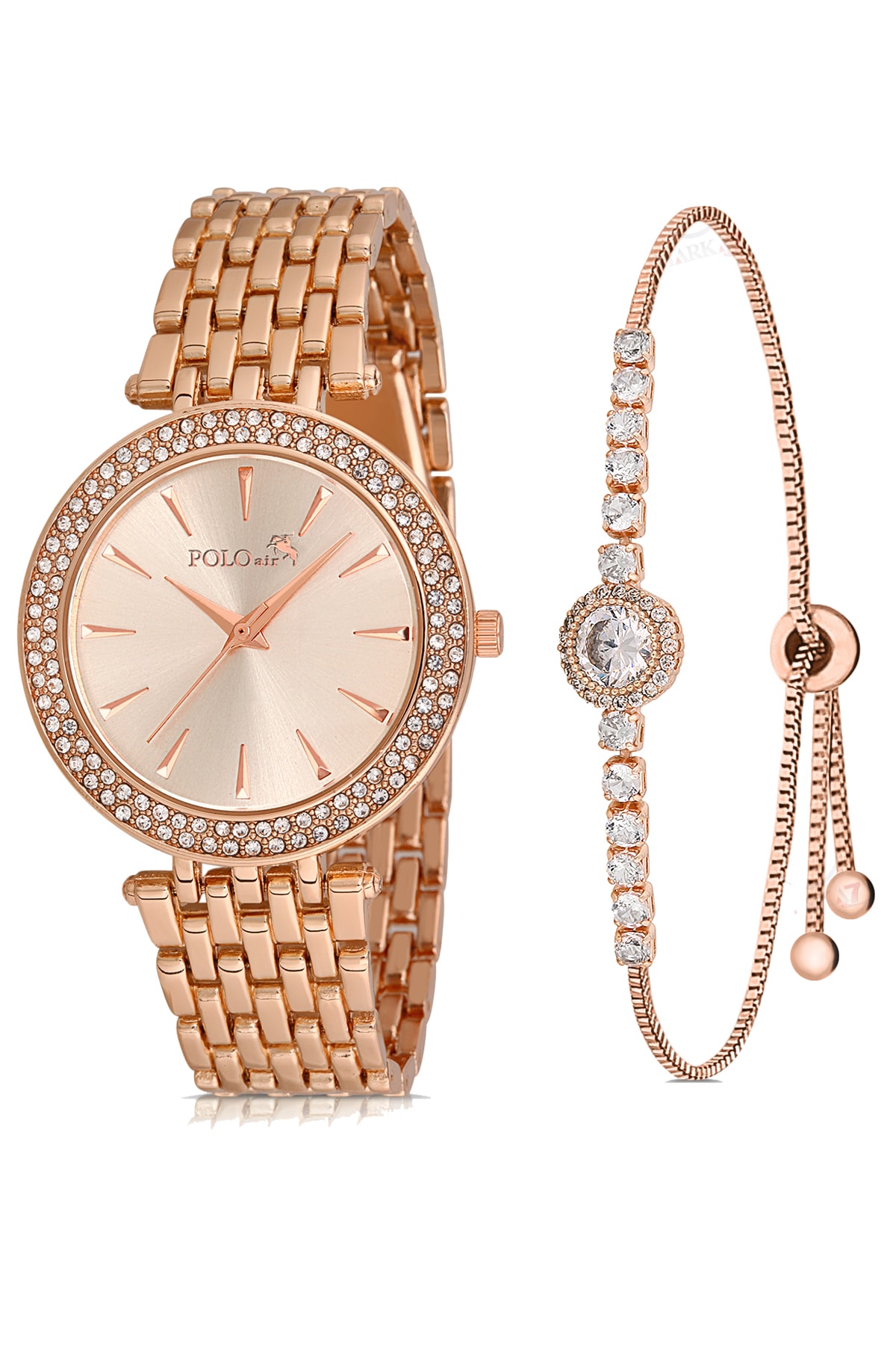 Polo Air Luxury Women's Wristwatch and Single Row Zircon Stone Elegant Waterway Bracelet Combination Copper Color