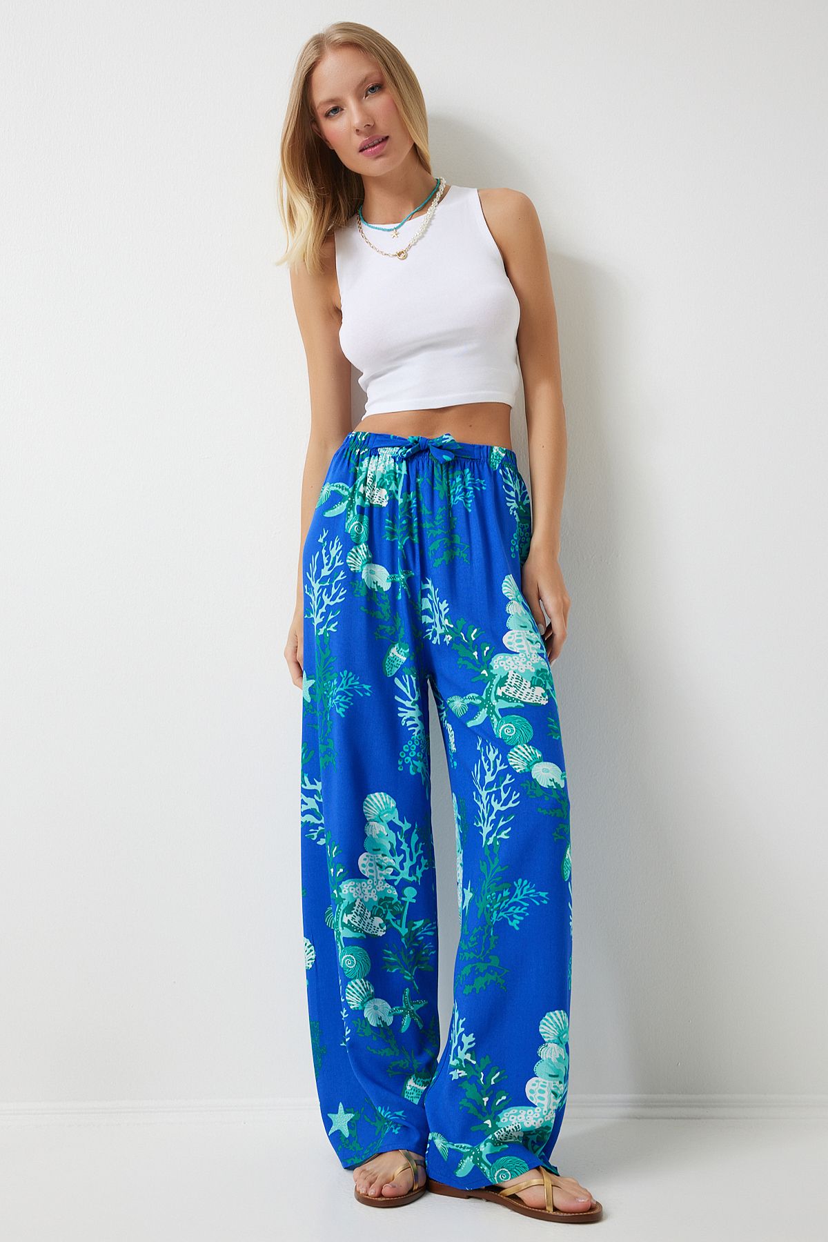 Happiness İstanbul Women's Blue Aqua Green Patterned Loose Viscose Palazzo Trousers