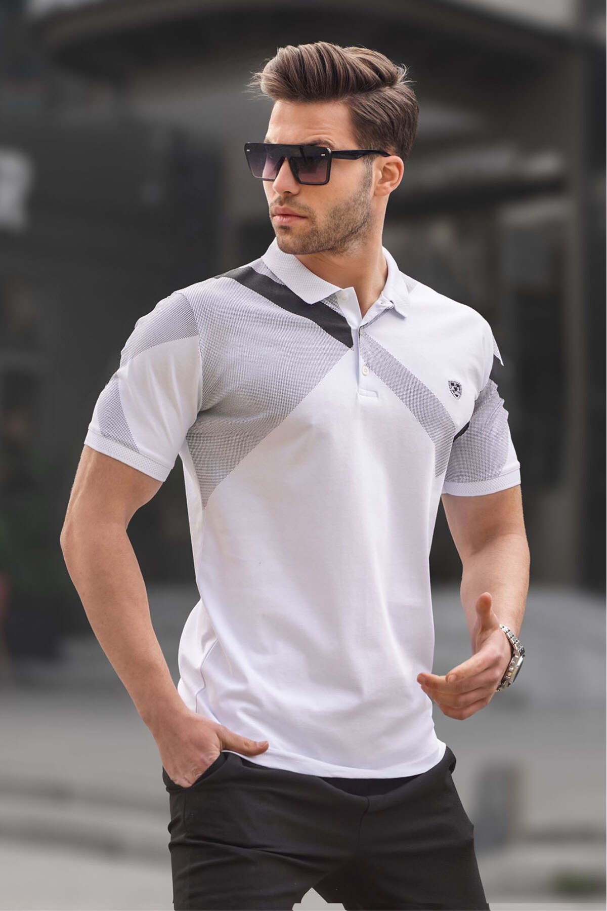 Levně Madmext White Patterned Polo Neck Men's T-Shirt 6081