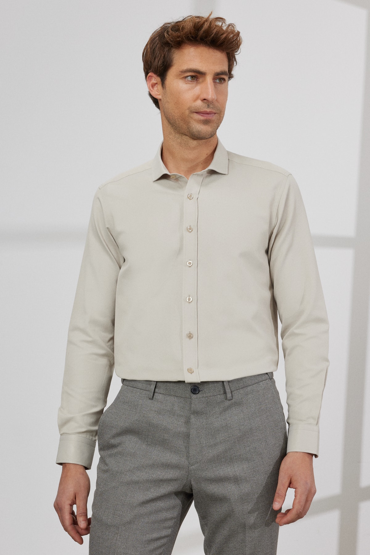 Levně AC&Co / Altınyıldız Classics Men's Beige Slim Fit Slim Fit Italian Collar Dobby Shirt.