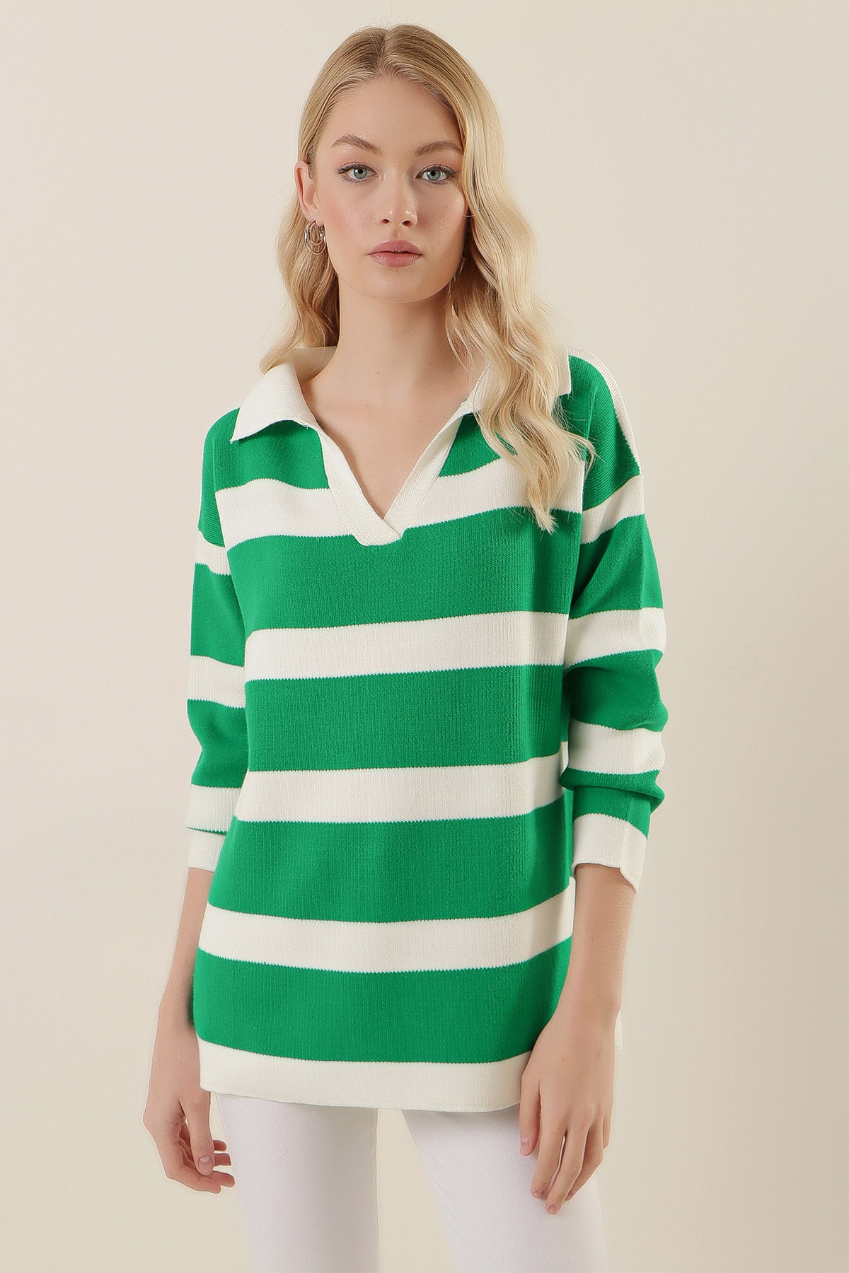 Bigdart 15792 Polo Neck Striped Sweater - Green