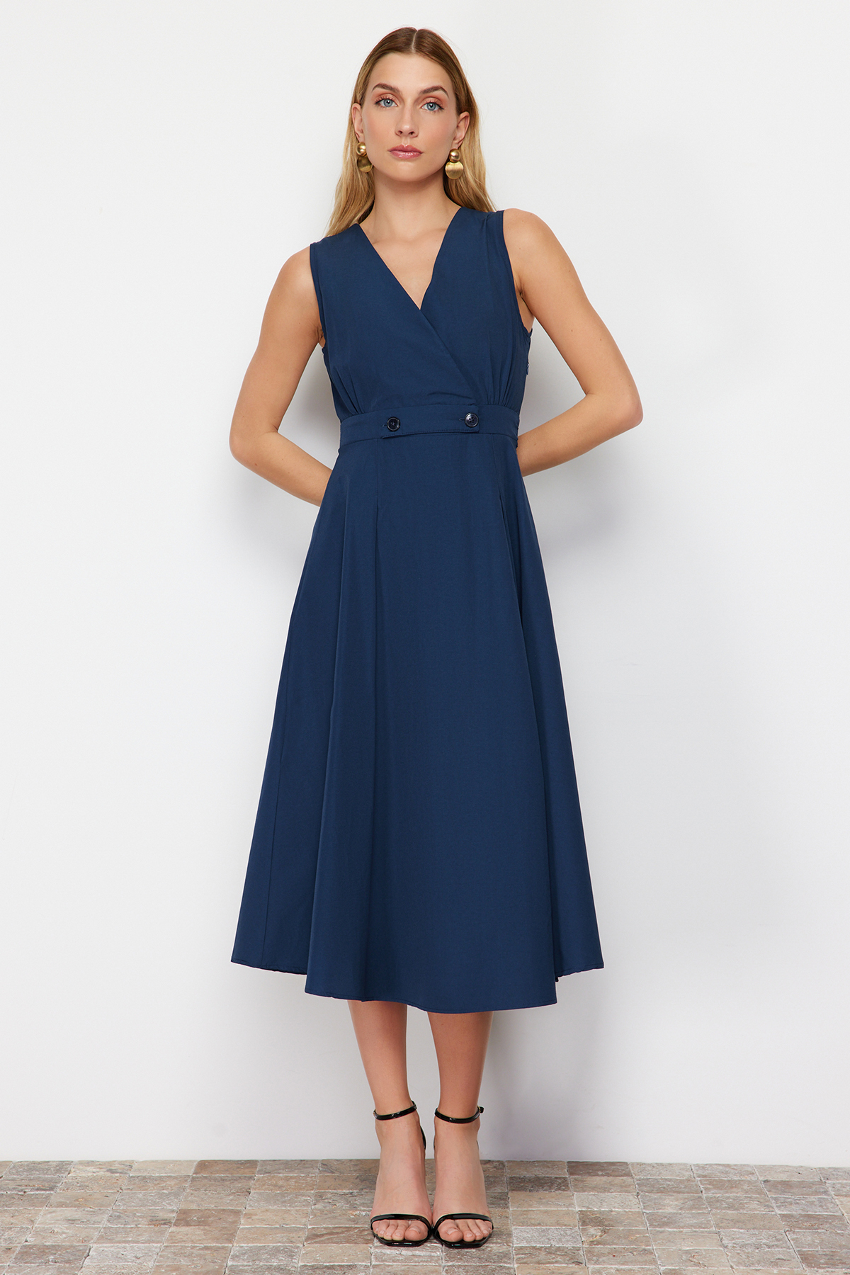 Trendyol Navy Blue A-Line Double Breasted Collar Button Detailed Midi Woven Dress