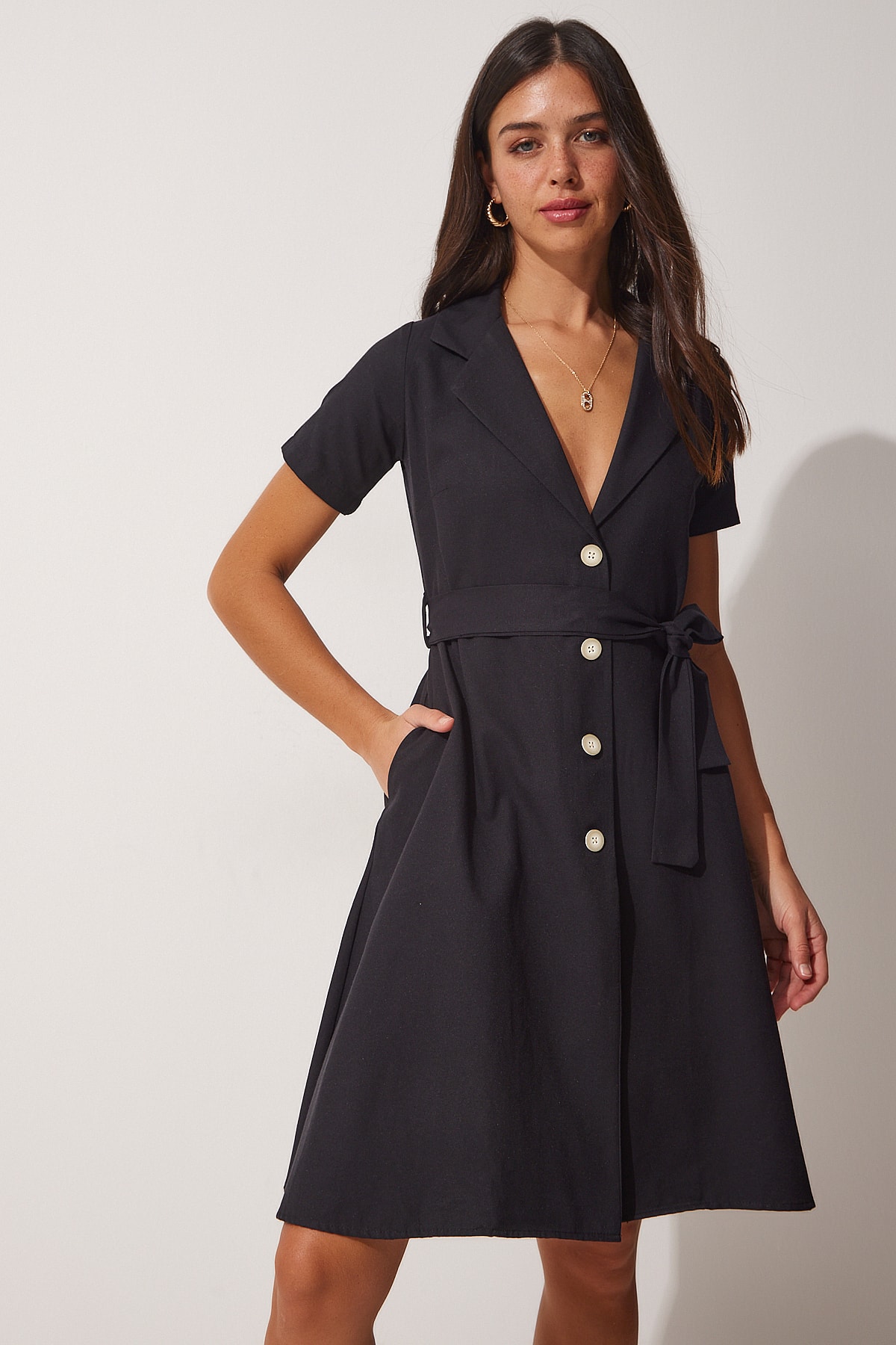 Fericirea İstanbul pentru femei negru cu centură țesută cămașă rochie