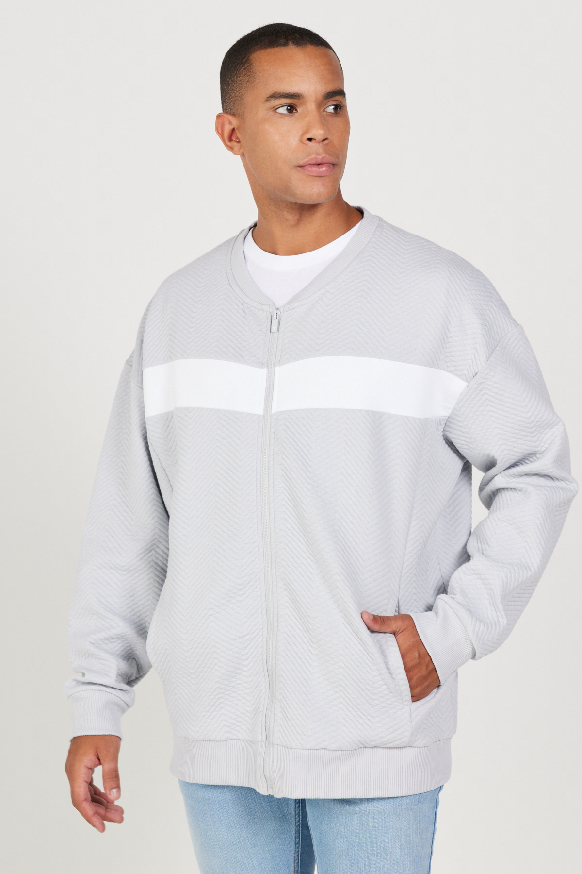AC&Co / Altınyıldız Classics Men's Light Gray Oversize Loose Cut Fleece Inside 3 Thread College Collar Patterned Sweatshirt Jacket