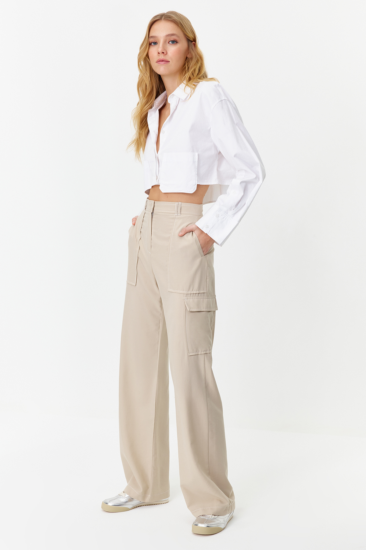 Trendyol Mink Cargo Wide Leg Contrast Stitch Detail Woven Trousers