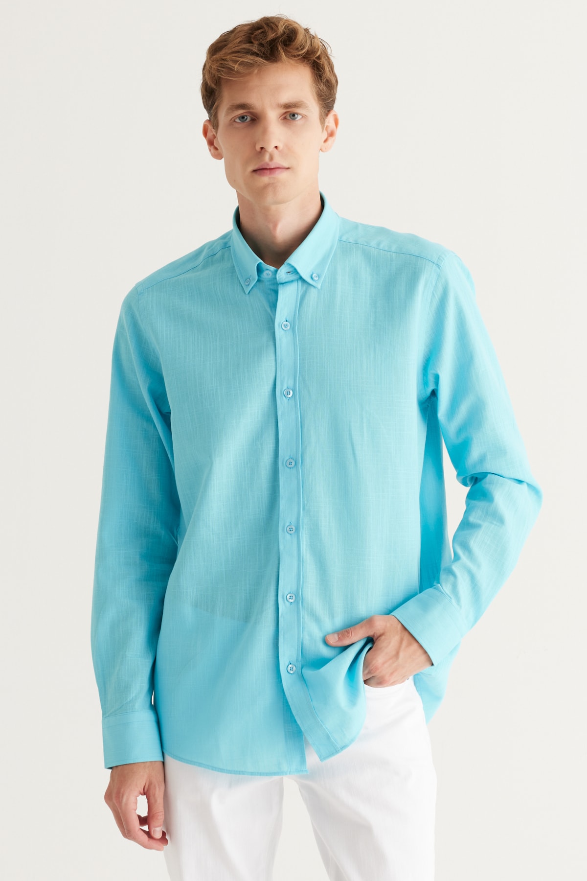 Levně AC&Co / Altınyıldız Classics Men's Turquoise Tailored Slim Fit Buttoned Collar Linen Look 100% Cotton Flamed Shirt