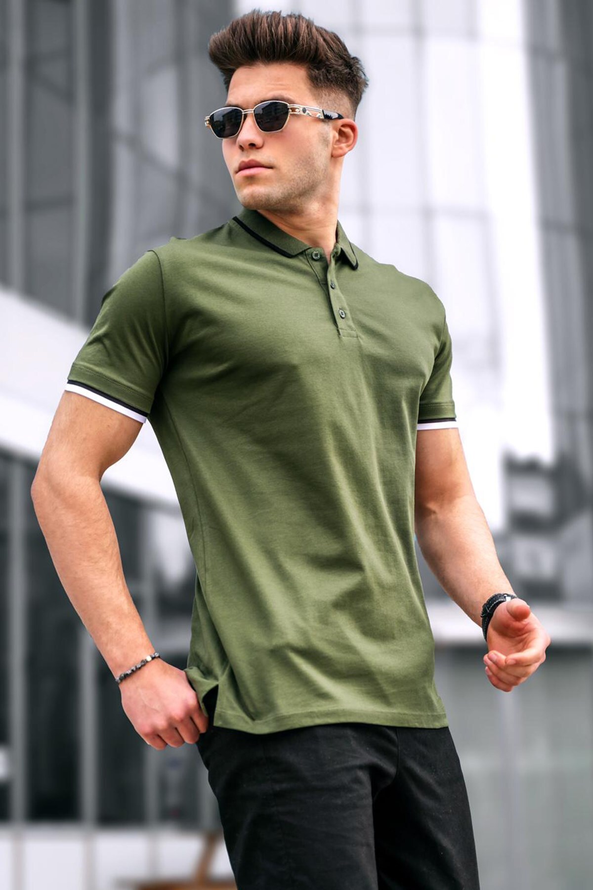 Levně Madmext Khaki Green Plain Polo Neck Men's T-Shirt