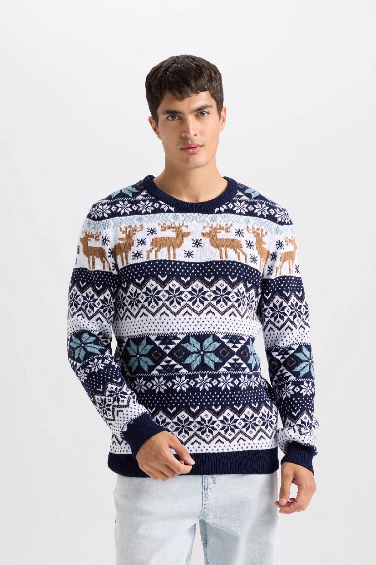 DEFACTO Standard Fit Christmas Themed Crew Neck Knitted Sweater