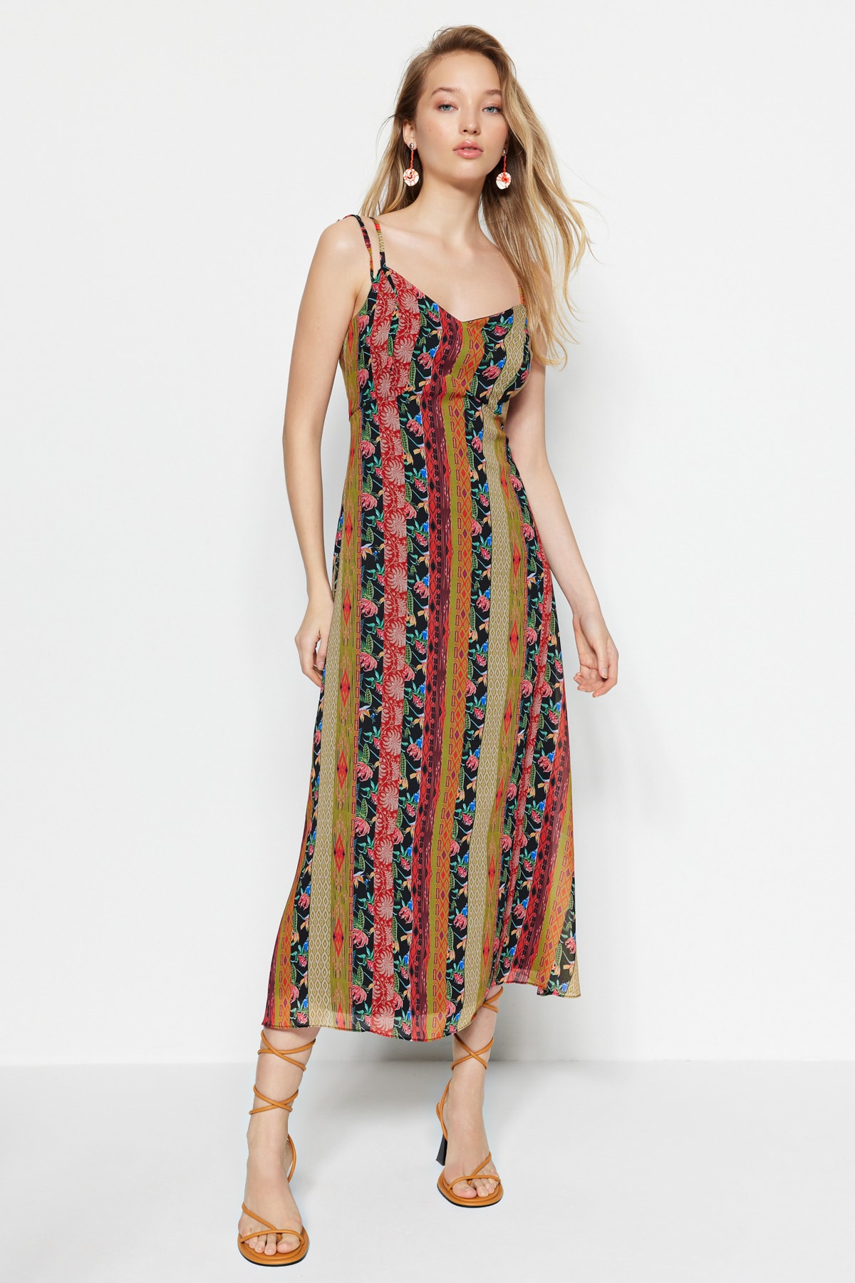 Trendyol Multi-Colored Patterned Strappy A-Line/Bell Form Midi Lined Woven Dress