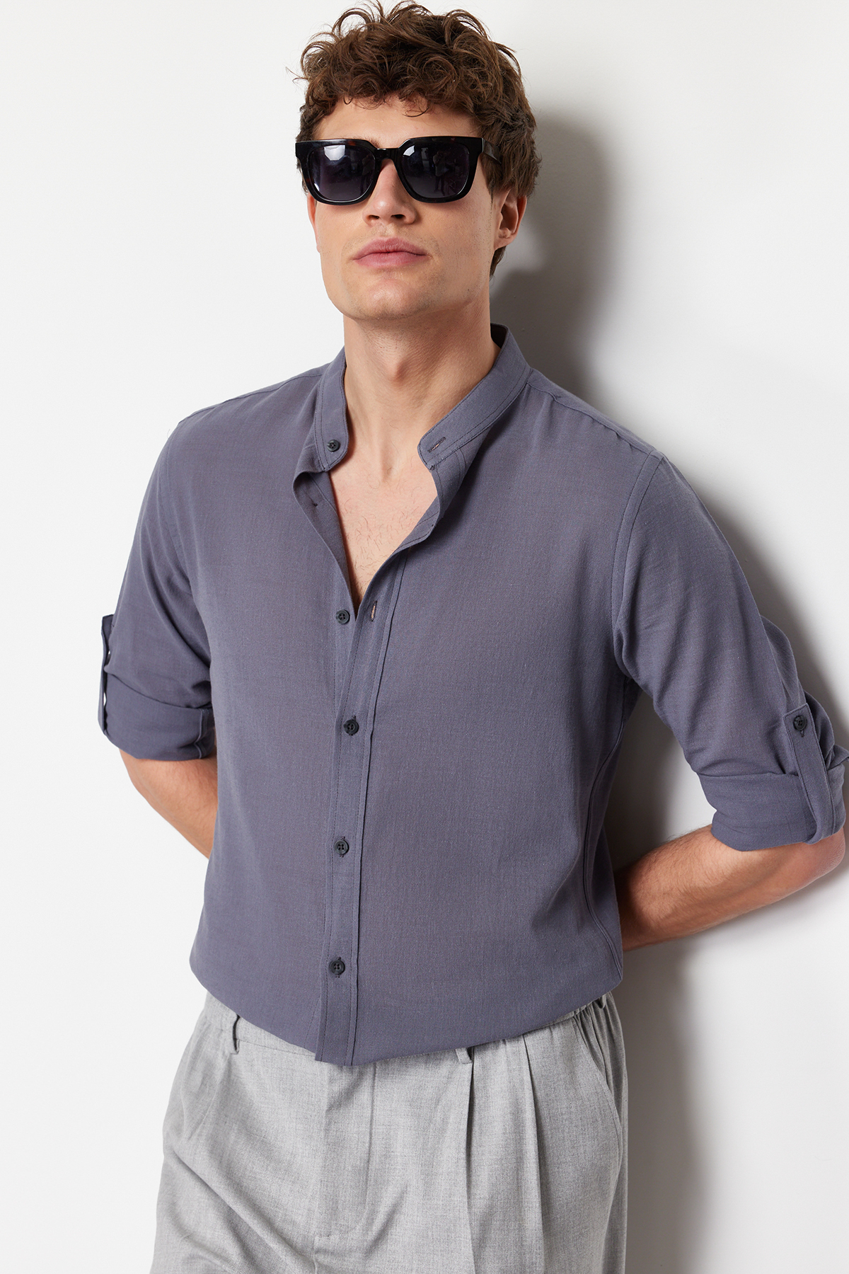 Trendyol Gray Stand Collar Slim Fit Shirt