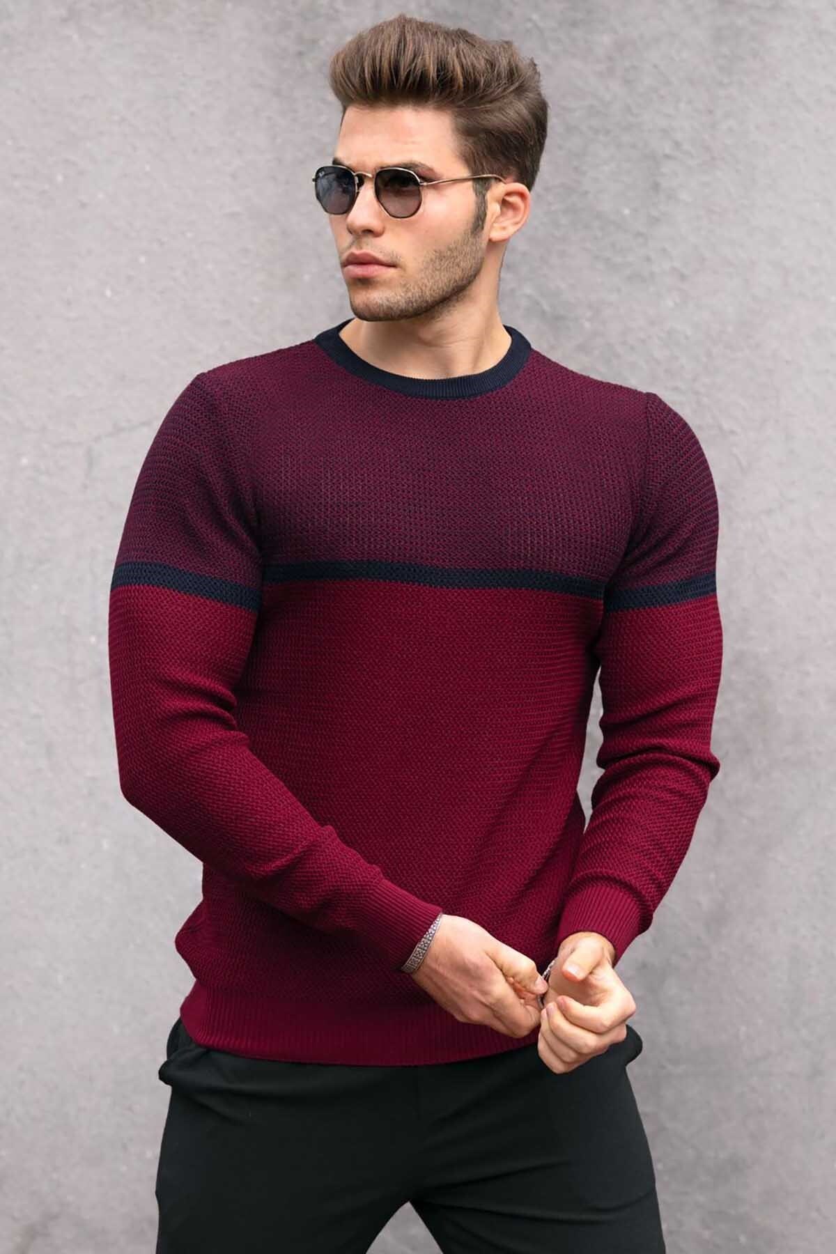 Levně Madmext Claret Red Color Block Men's Sweater 4734