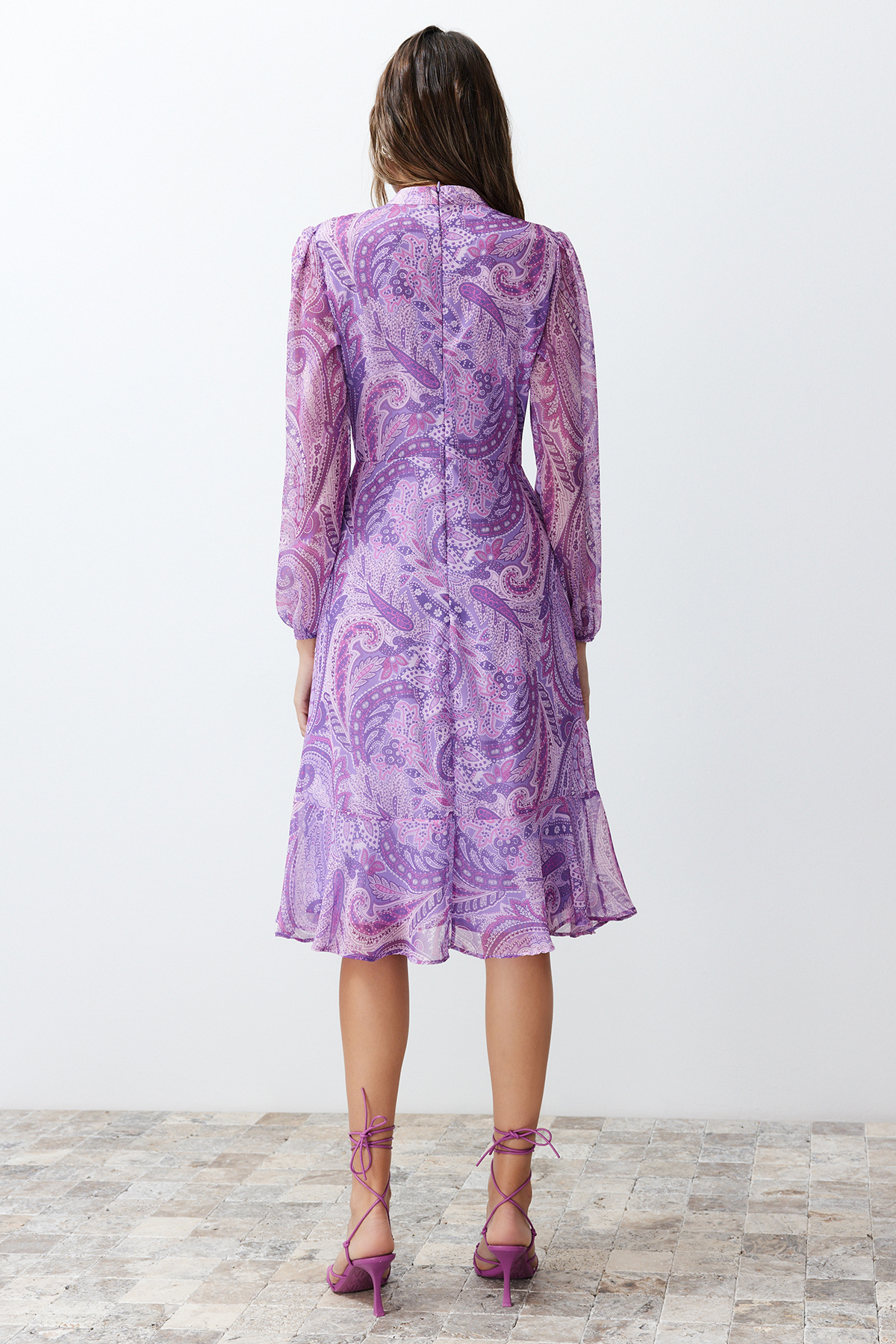 Trendyol Lilac Shawl Patterned Lined Flounced Chiffon Midi Woven Dress