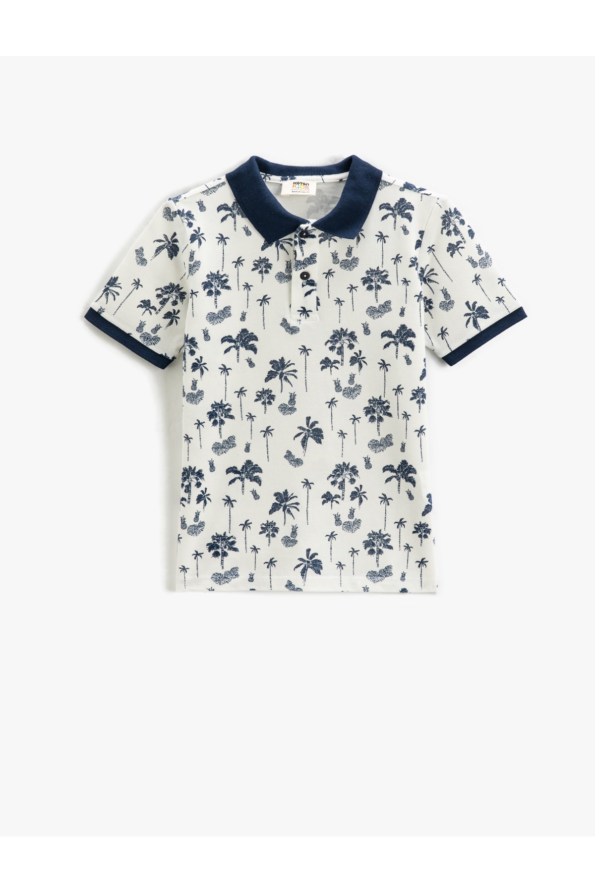Koton Palm Print Polo Collar T-Shirt with Short Sleeves and Button Detail.