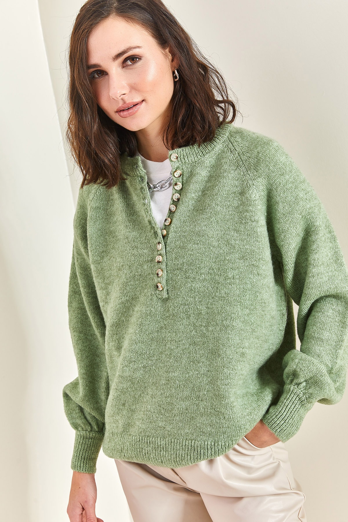 Bianco Lucci Women's Button Down Turtleneck Knitwear Sweater