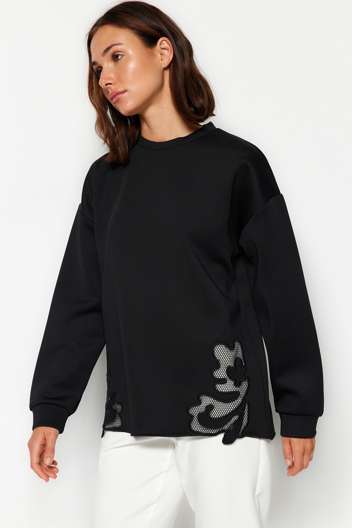 Levně Trendyol Black Lace Detail Diver/Scuba Knitted Sweatshirt