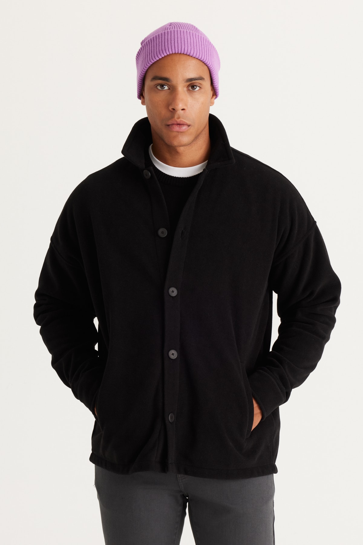 Levně AC&Co / Altınyıldız Classics Men's Black Oversized Loose Fit Classic Collar Anti-Pilling Winter Comfortable Fleece Shirt.