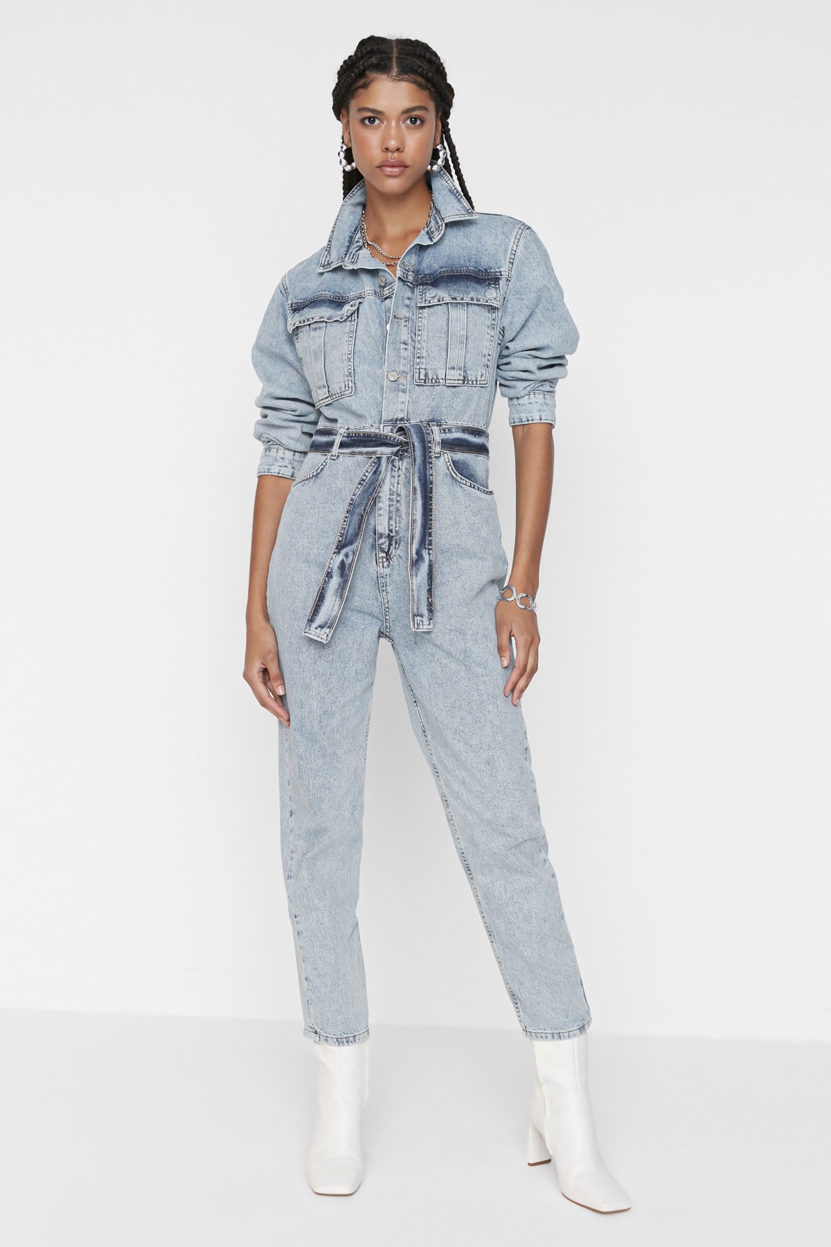 Trendyol Blue Belted Pocket Detailed Denim Overalls