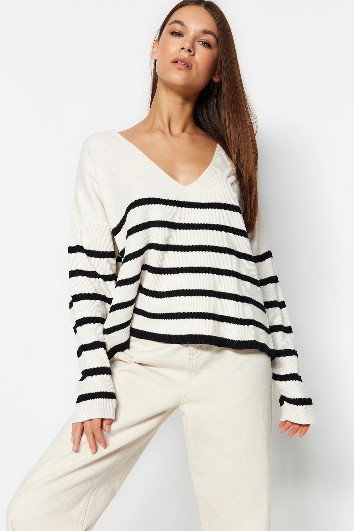 Trendyol Ecru Super Wide Fit Striped Knitwear Sweater