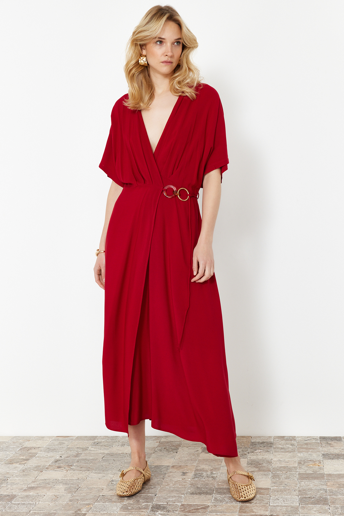 Trendyol Dark Cherry Double Breasted Accessory Tie Detail Midi Woven Dress
