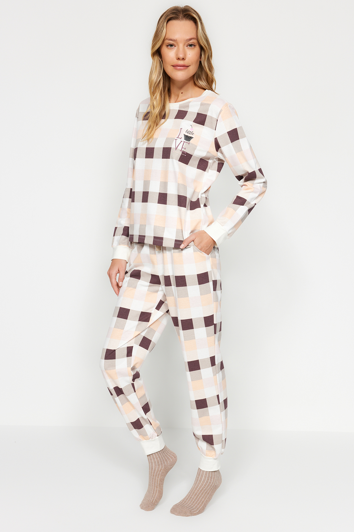 Levně Trendyol Multicolored Cotton Plaid Tshirt-Jogger Knitted Pajama Set