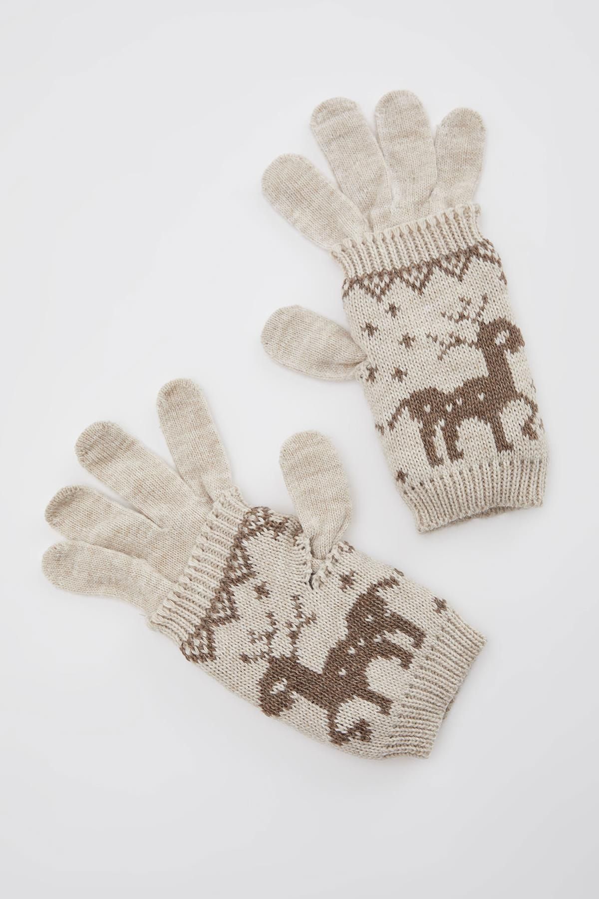 DEFACTO Women's Deer Figure Sheered Knitwear Gloves