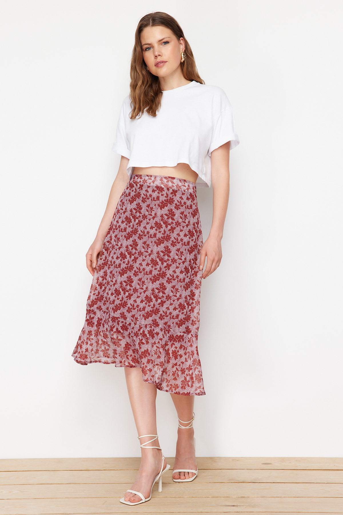 Trendyol Brown Skirt Ruffled Chiffon Fabric Patterned Midi Woven Skirt