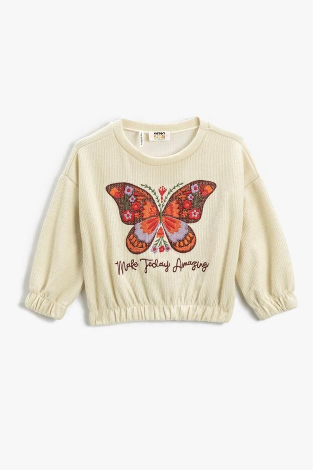 Levně Koton Girls' Embroidered Butterfly Ribbed Round Neck Crop Sweatshirt