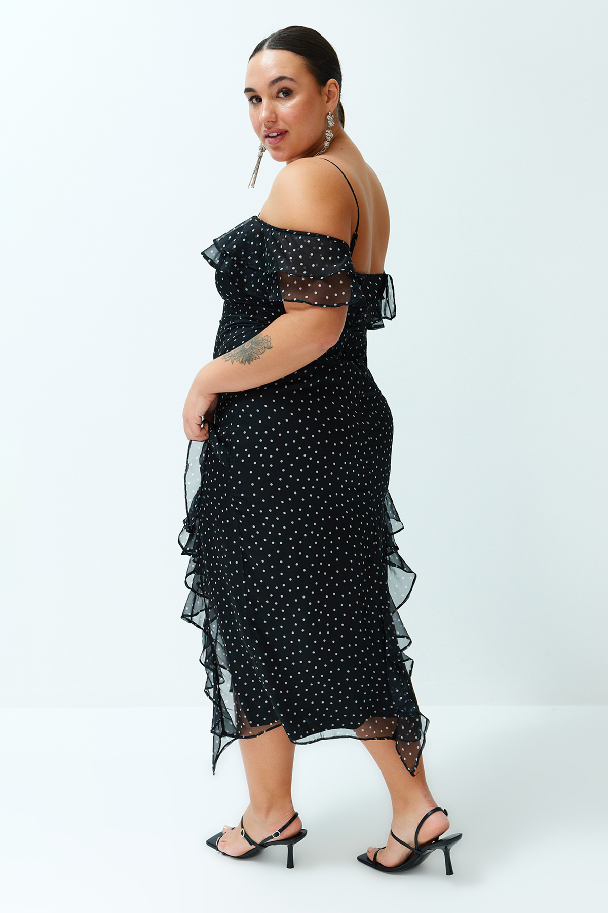Trendyol Curve Black Polka Dot Ruffle Adjustable Strap Maxi/Long Length Woven Dress