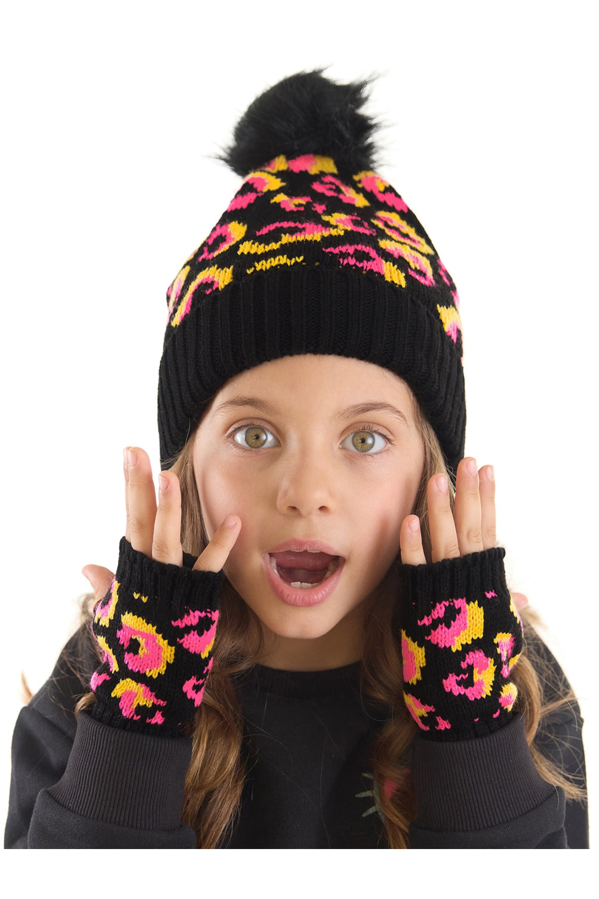 Levně Mushi Pink Leopard Girl's Beret and Gloves Set