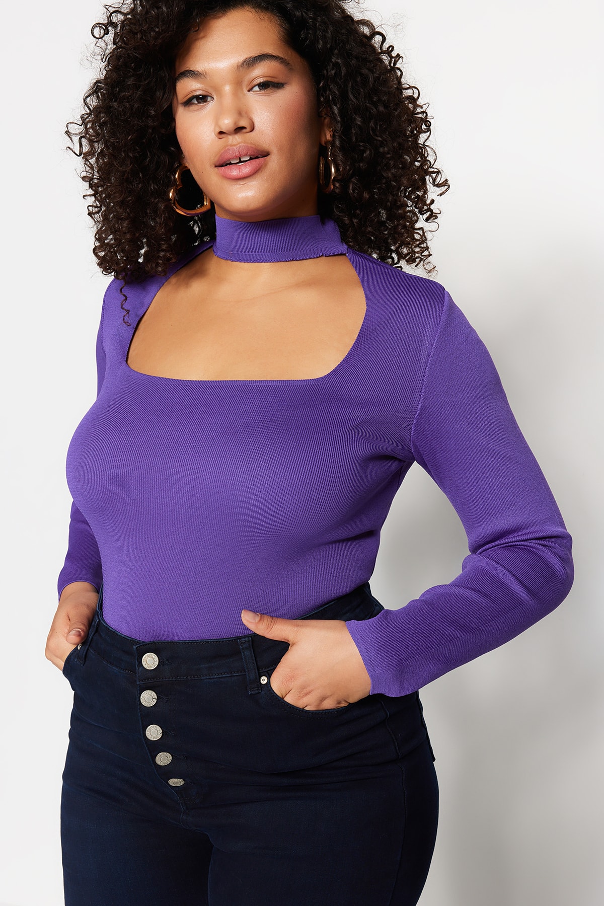 Levně Trendyol Curve Purple Collar Detailed Knitwear Blouse