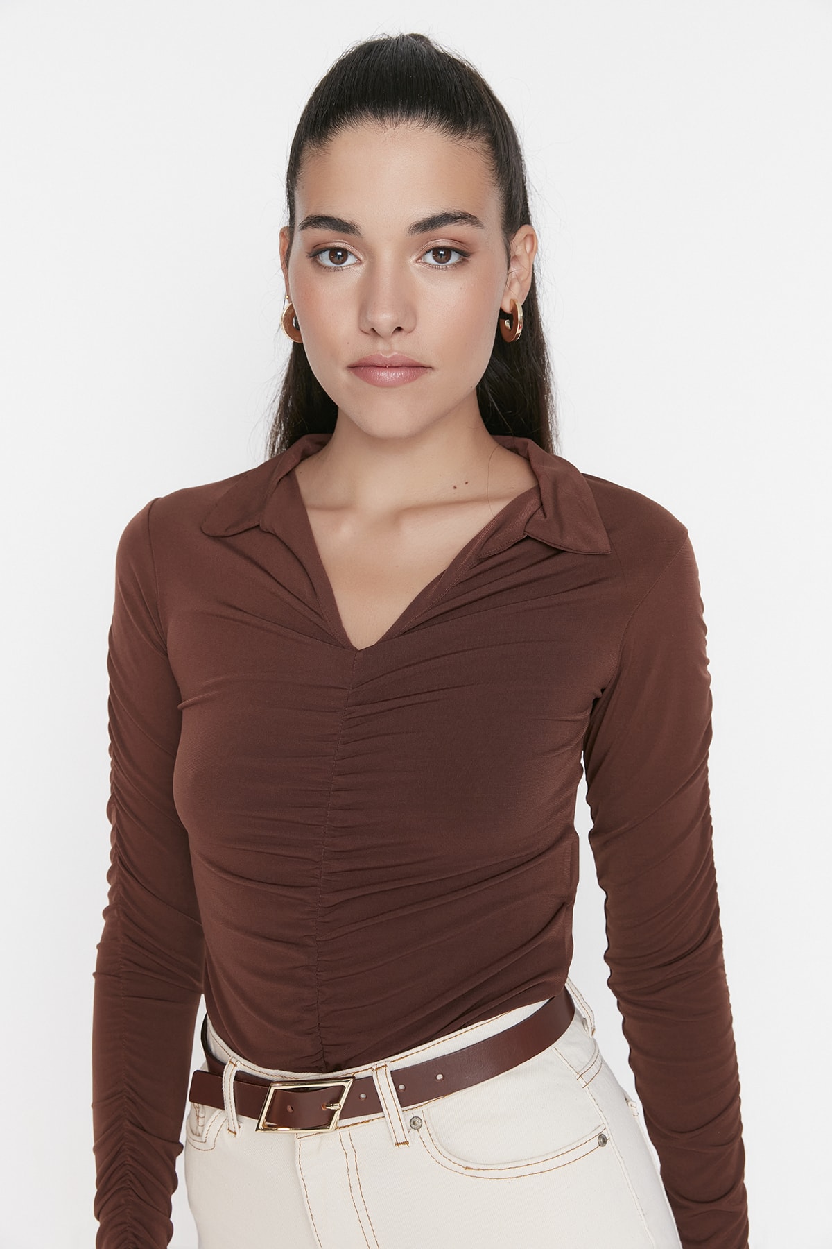 Trendyol Brown Slim Pleated Polo Neck Stretchy Knitted Blouse