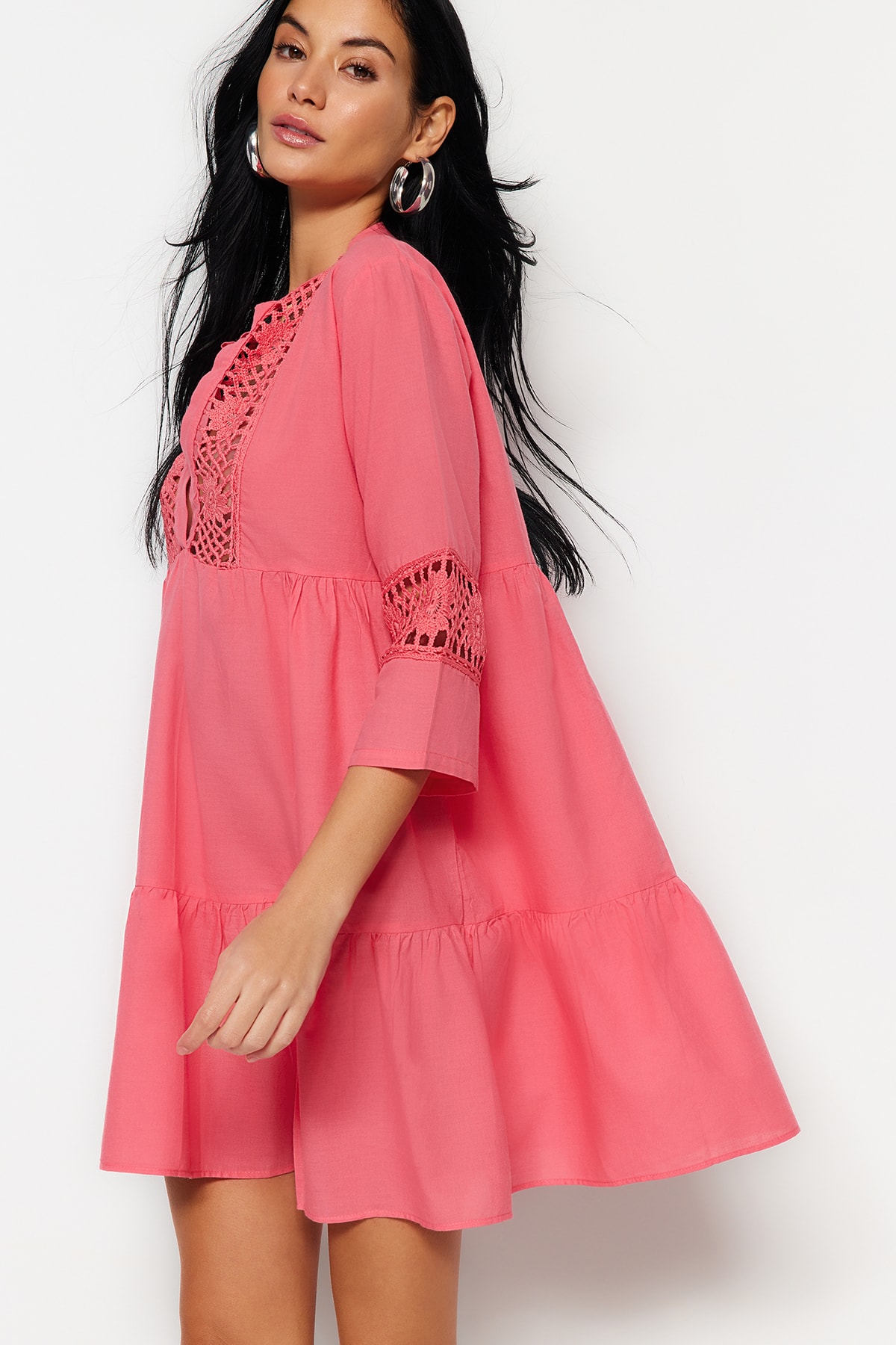 Trendyol Beige Mini Woven Lace Detailed 100% Cotton Beach Dress