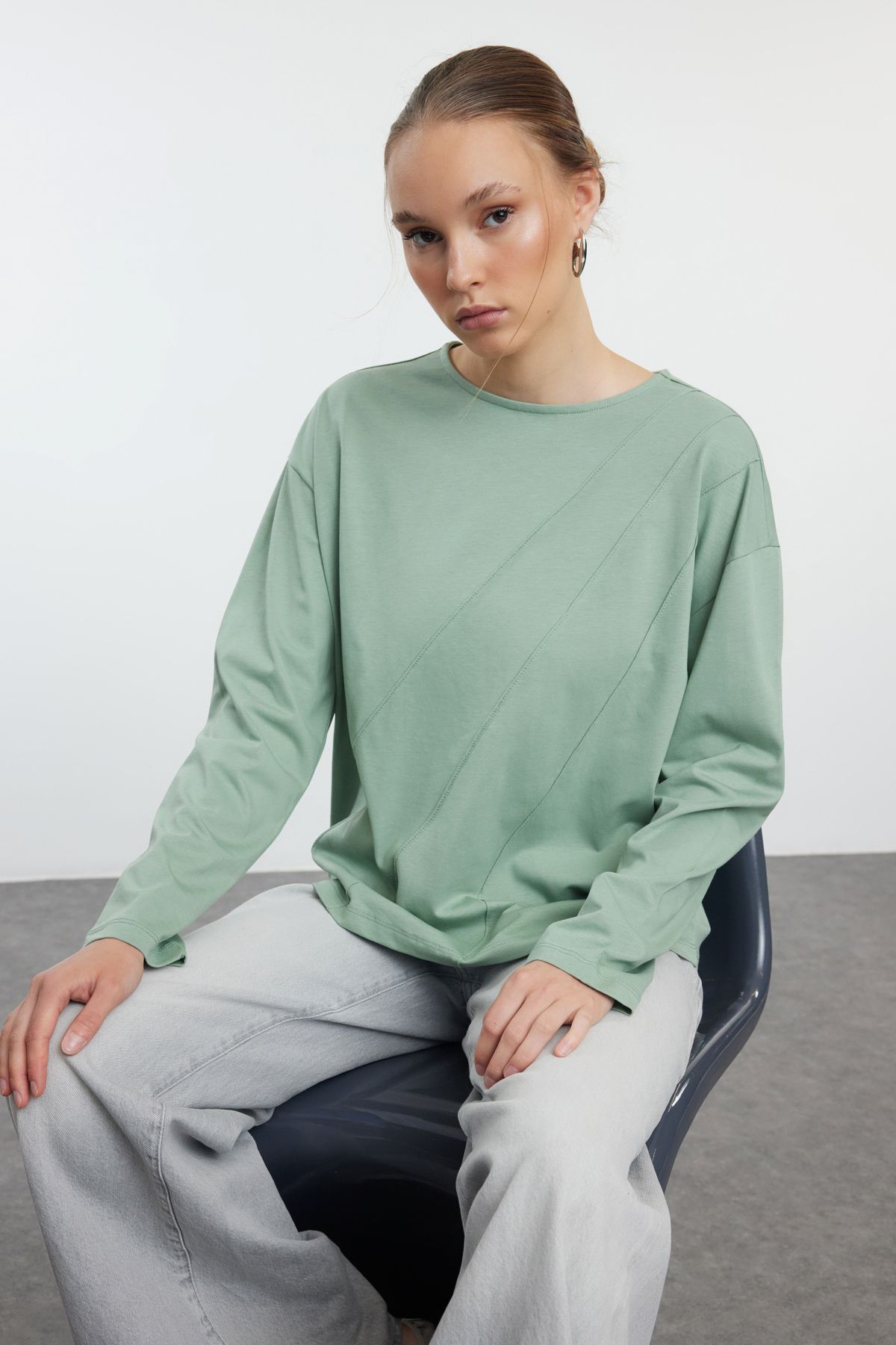 Trendyol Mint 100% Cotton Stitching Detailed Relaxed/Comfortable Pattern Knitted T-Shirt