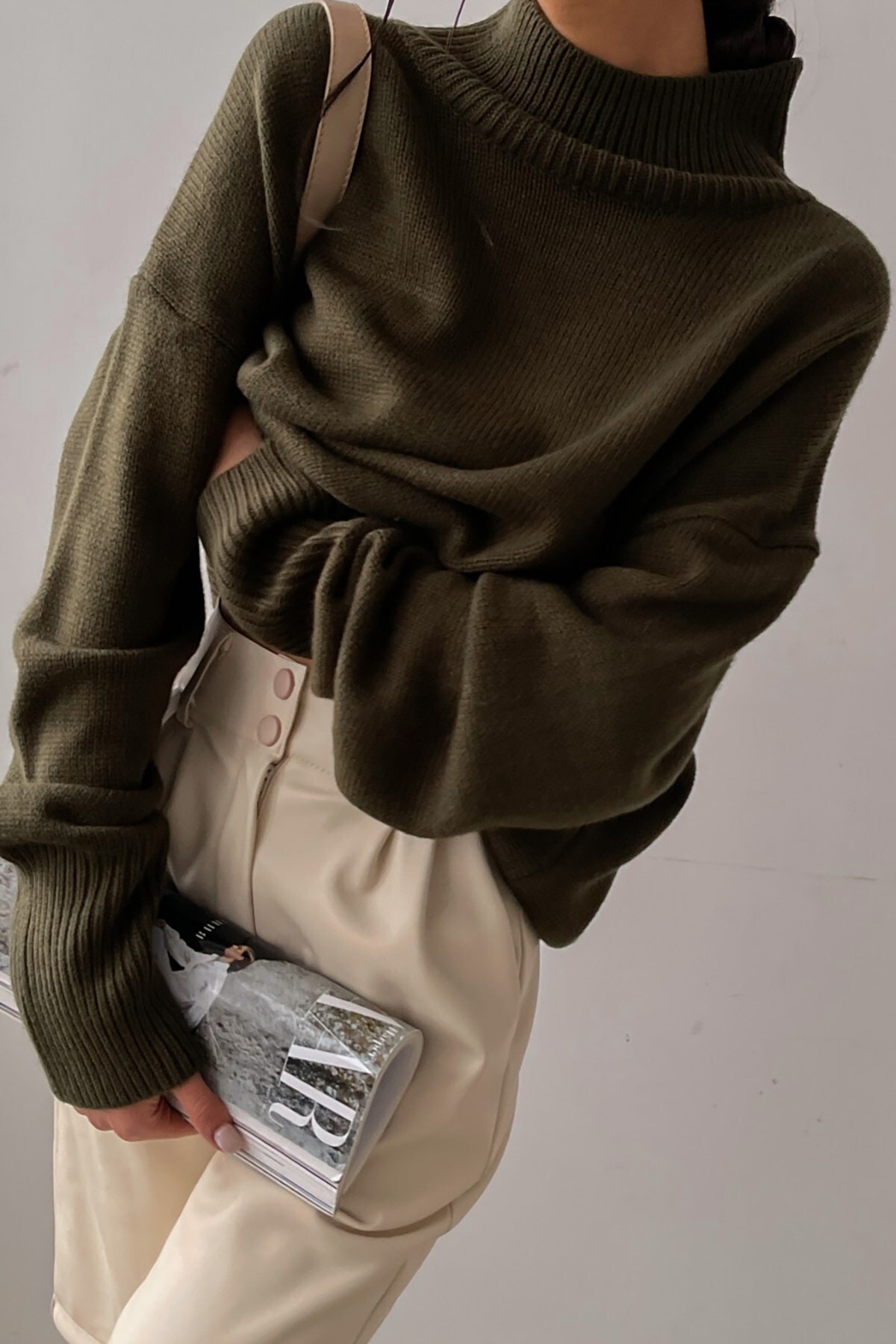Madmext Mad Girls Khaki Turtleneck Sweater