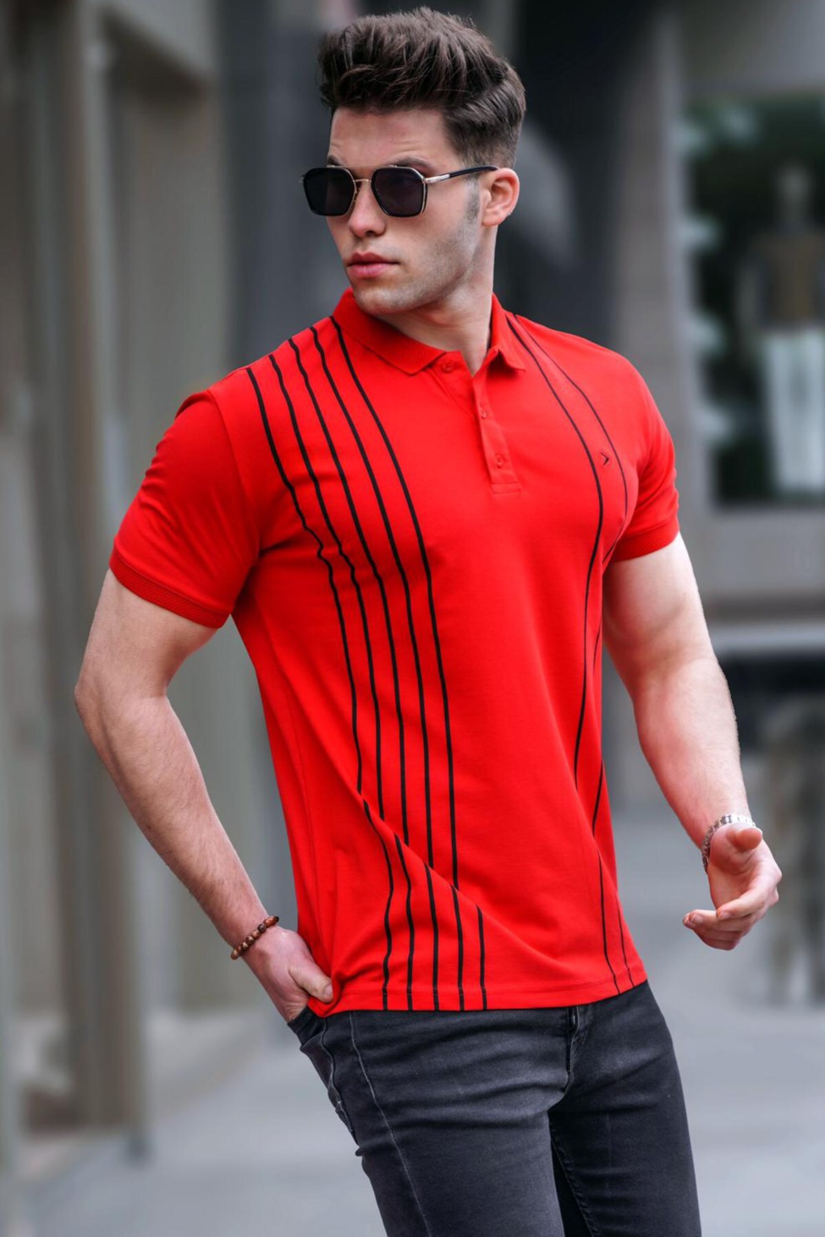 Levně Madmext Men's Polo Neck Red T-Shirt 5822