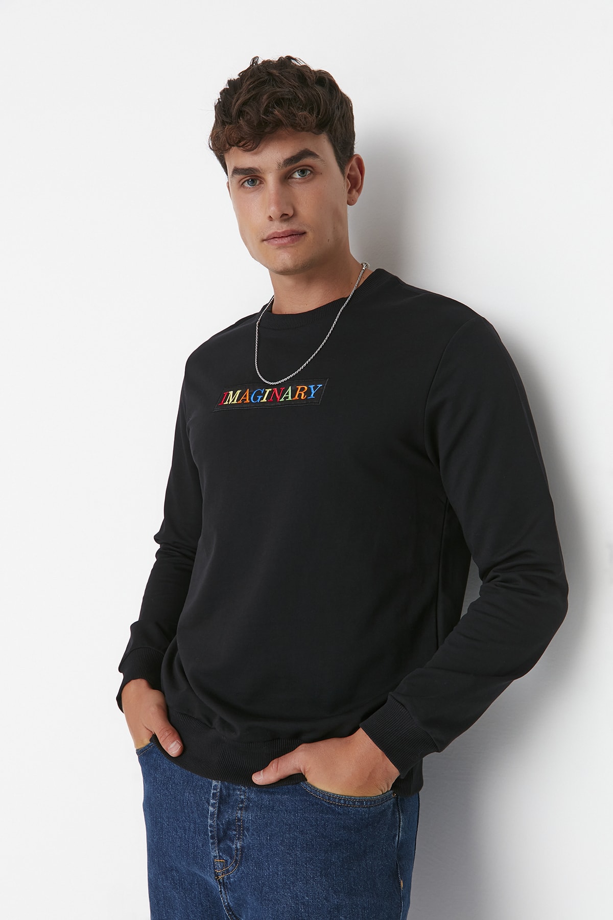 Levně Trendyol Men's Black Regular Fit Crew Neck Long Sleeve Sweatshirt