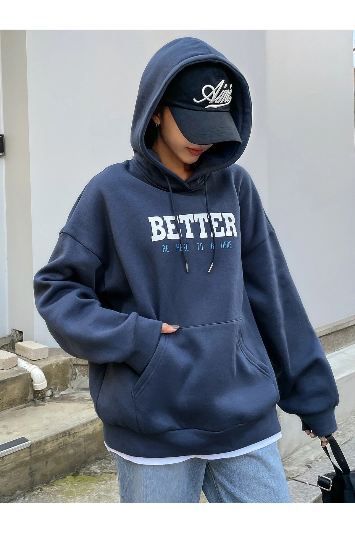 Know Women's Navy Blue Better Printed Oversize Sweatshirt