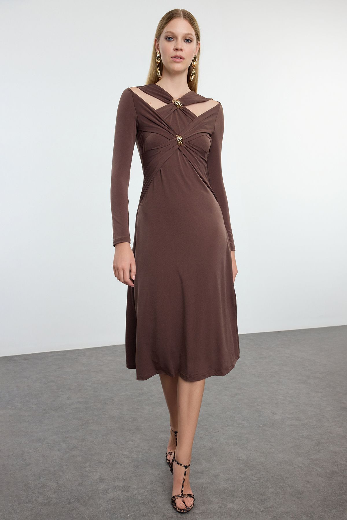 Trendyol Brown Accessory Detailed Knitted Elegant Evening Dress