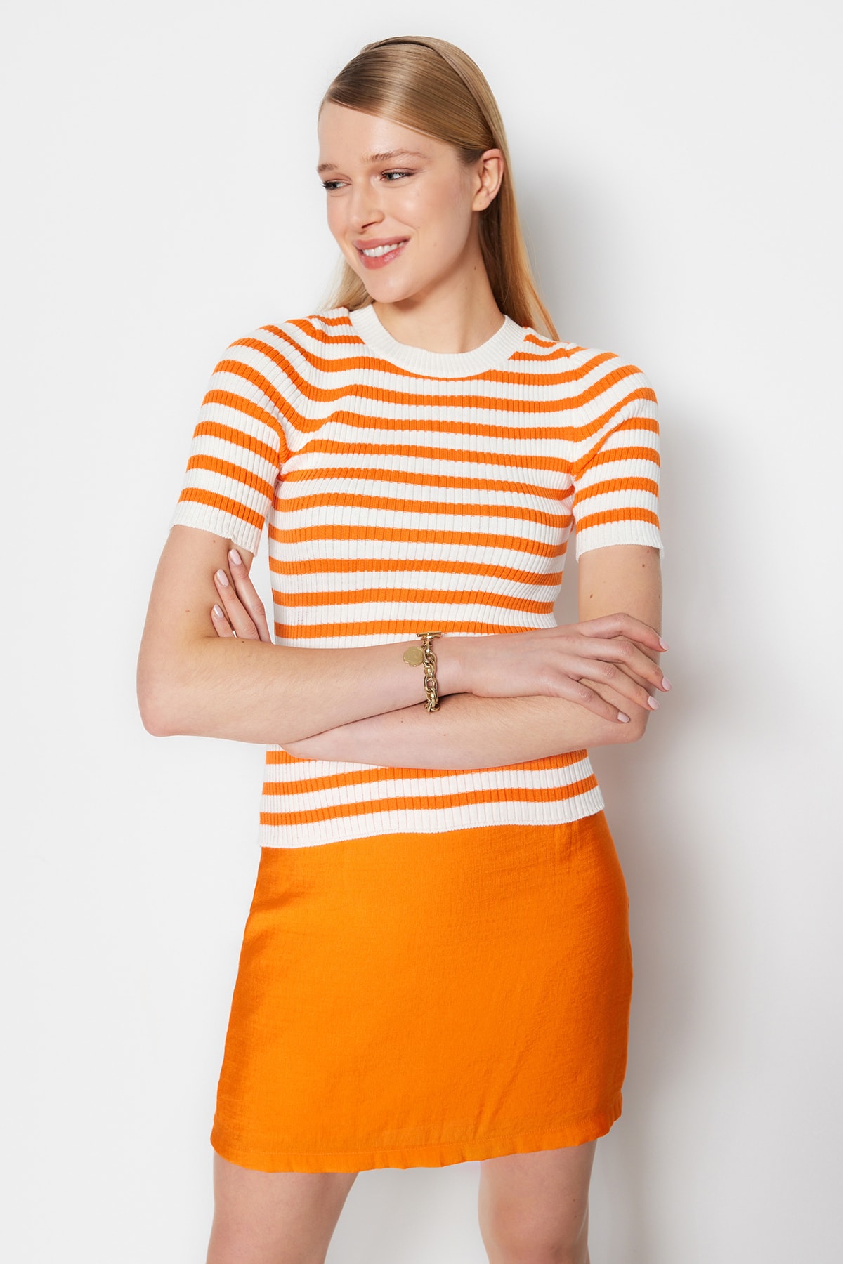 Trendyol Orange Basic Striped Knitwear Sweater