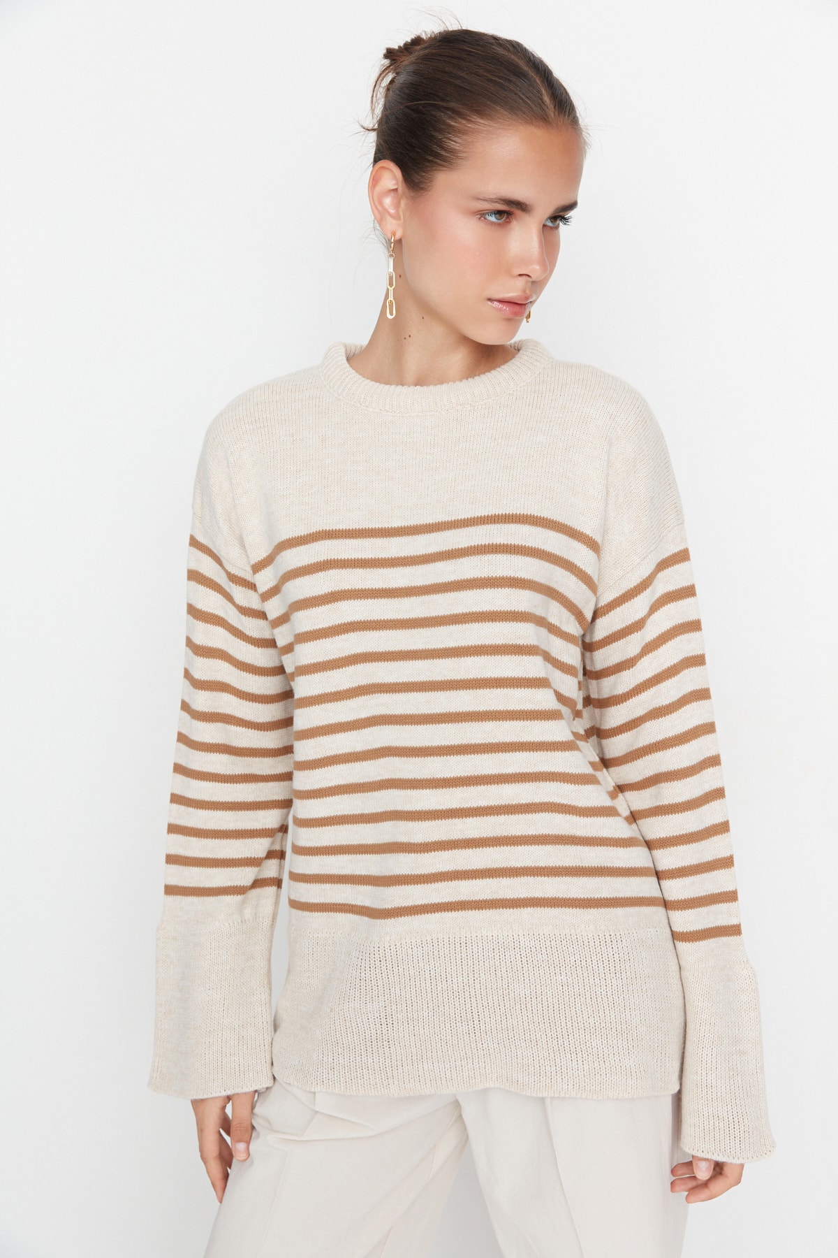 Trendyol Beige Wide Fit Striped Knitwear Sweater