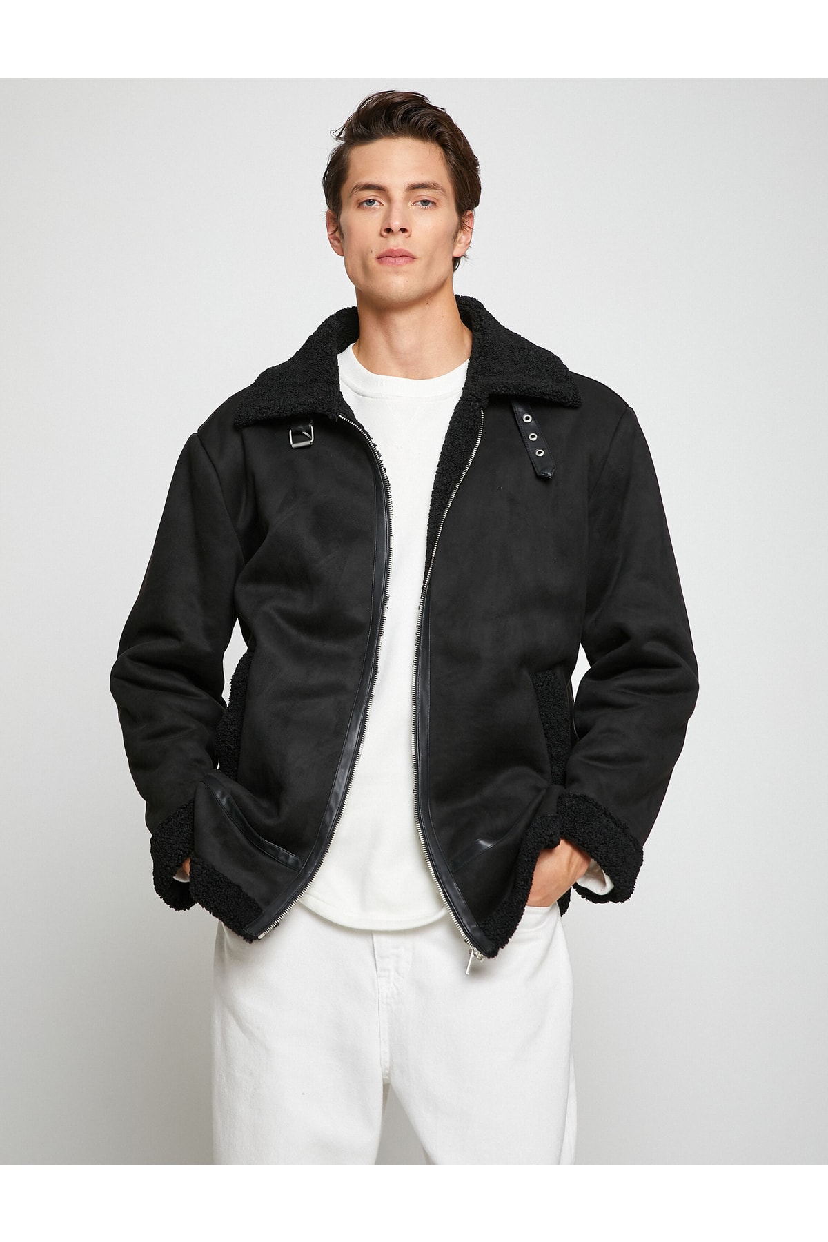 Koton Suede-Looking Pilot Jacket with Collar Detailed, Pockets, and Zipper.