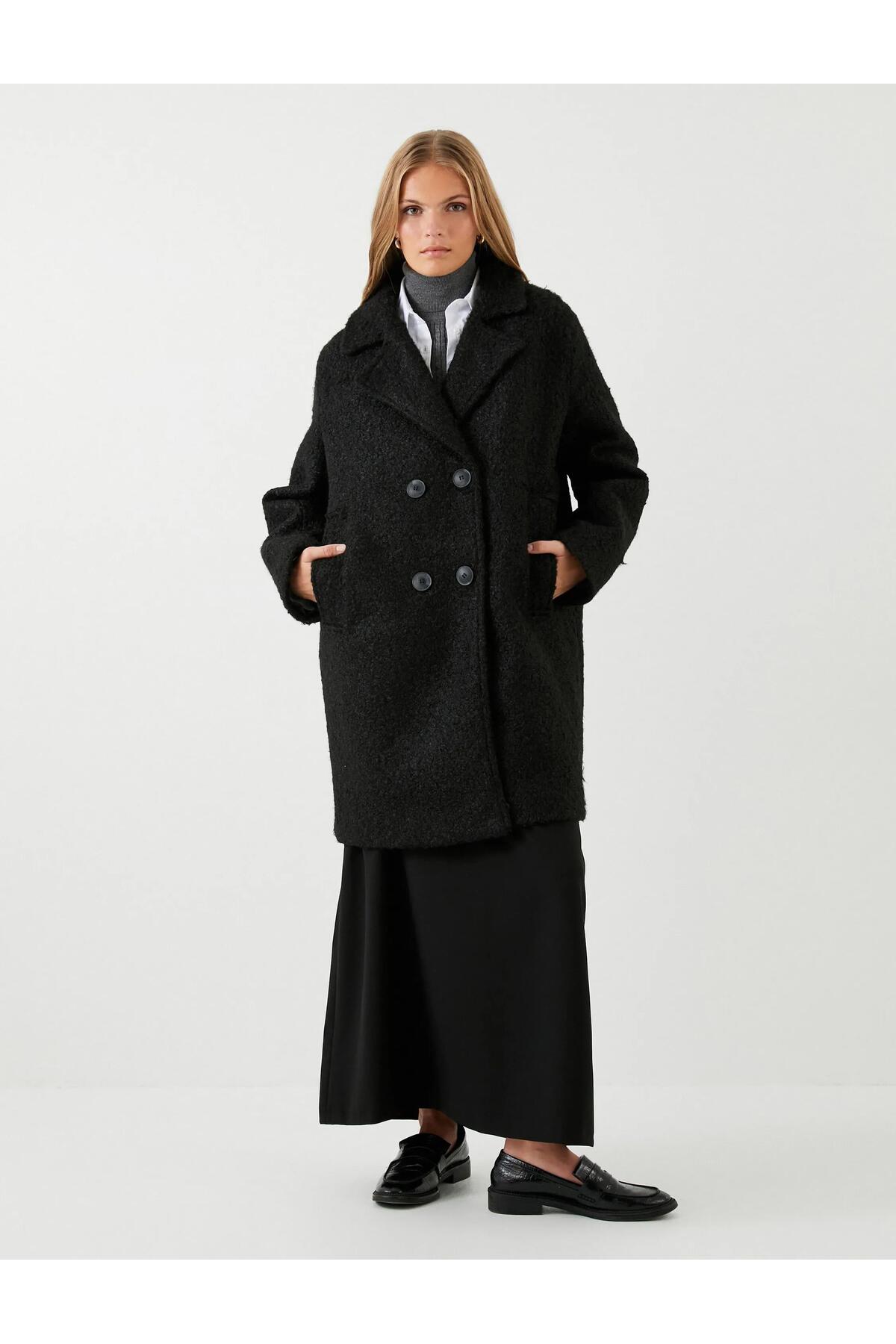 Koton Women's Boucle Coat Double Breasted Buttoned Pocket Slit Detailed