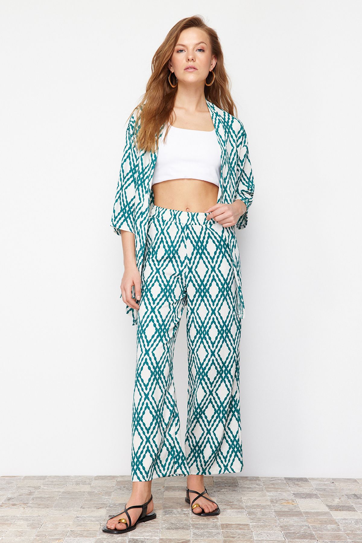 Trendyol Green Printed Comfortable Cut Stretchy Kimono Knitted Top and Bottom Set