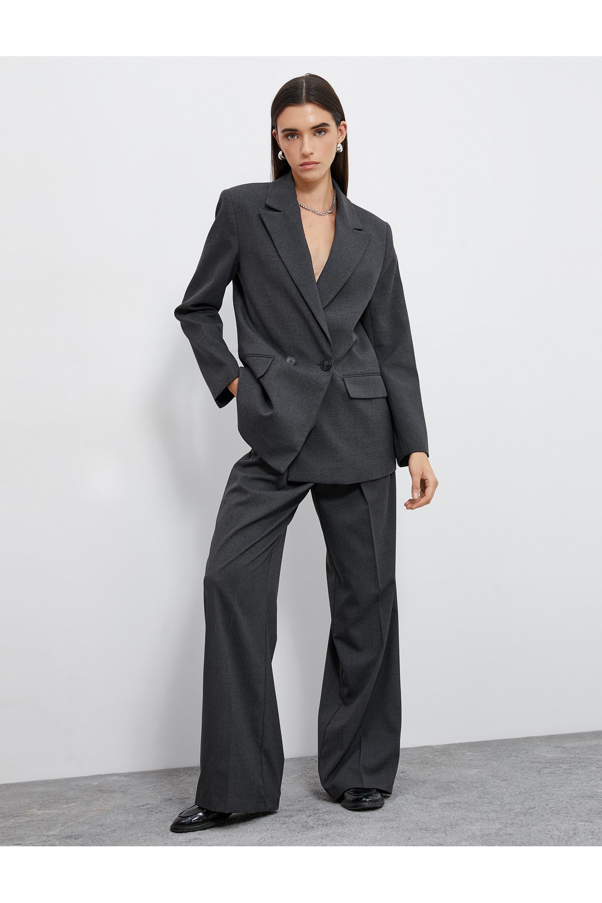 Koton Fabric Palazzo Trousers With Belt Detailed Pockets Pleated.