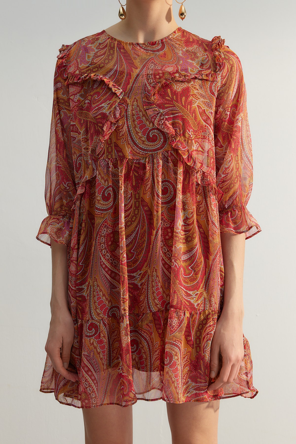 Trendyol Tile Plain Cut Mini Weave Chiffon Lined Ruffle Paisley Model Rochie Rochie