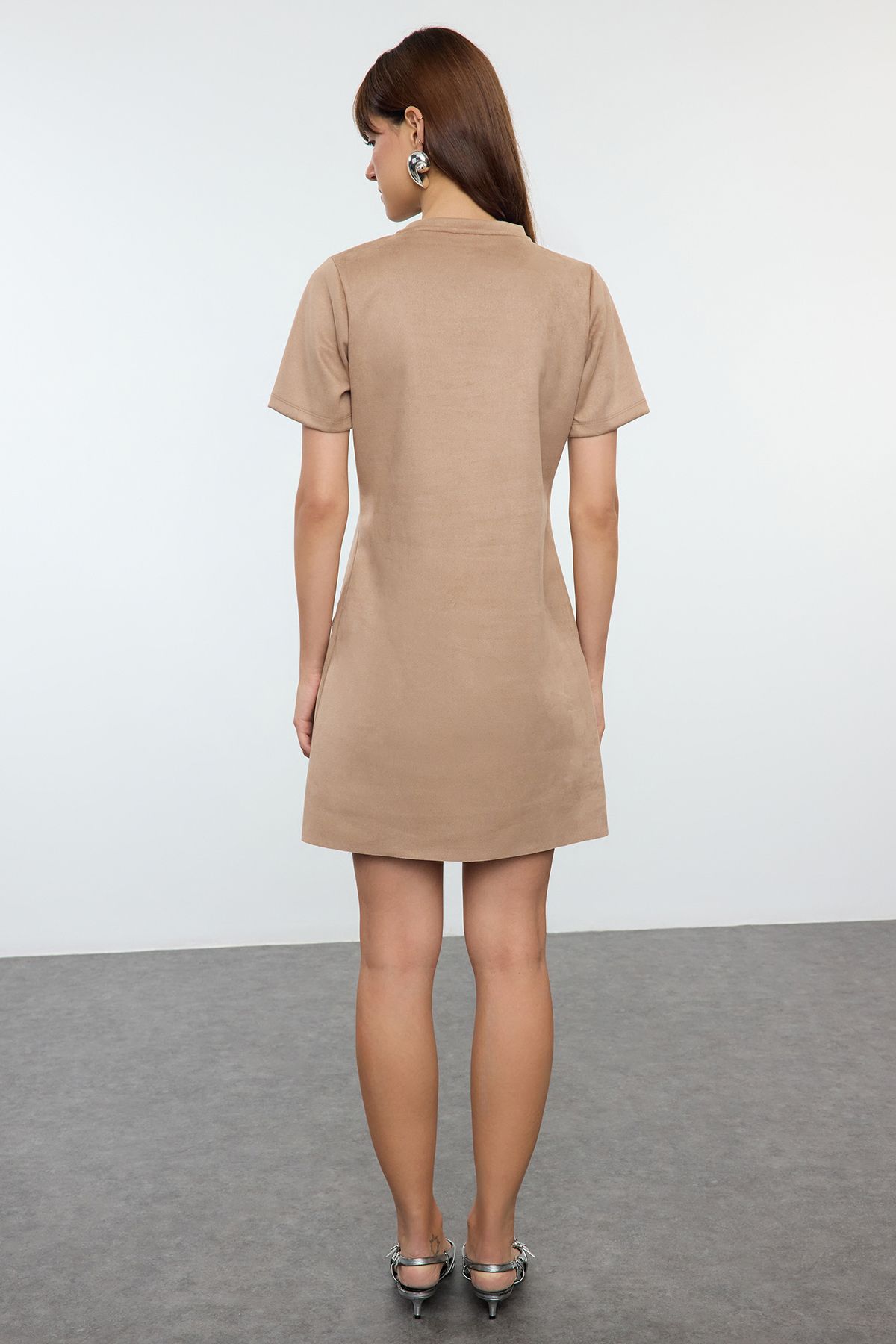 Trendyol Mink Crew Neck Stone Detailed Shift/Straight Mini Suede Knitted Dress