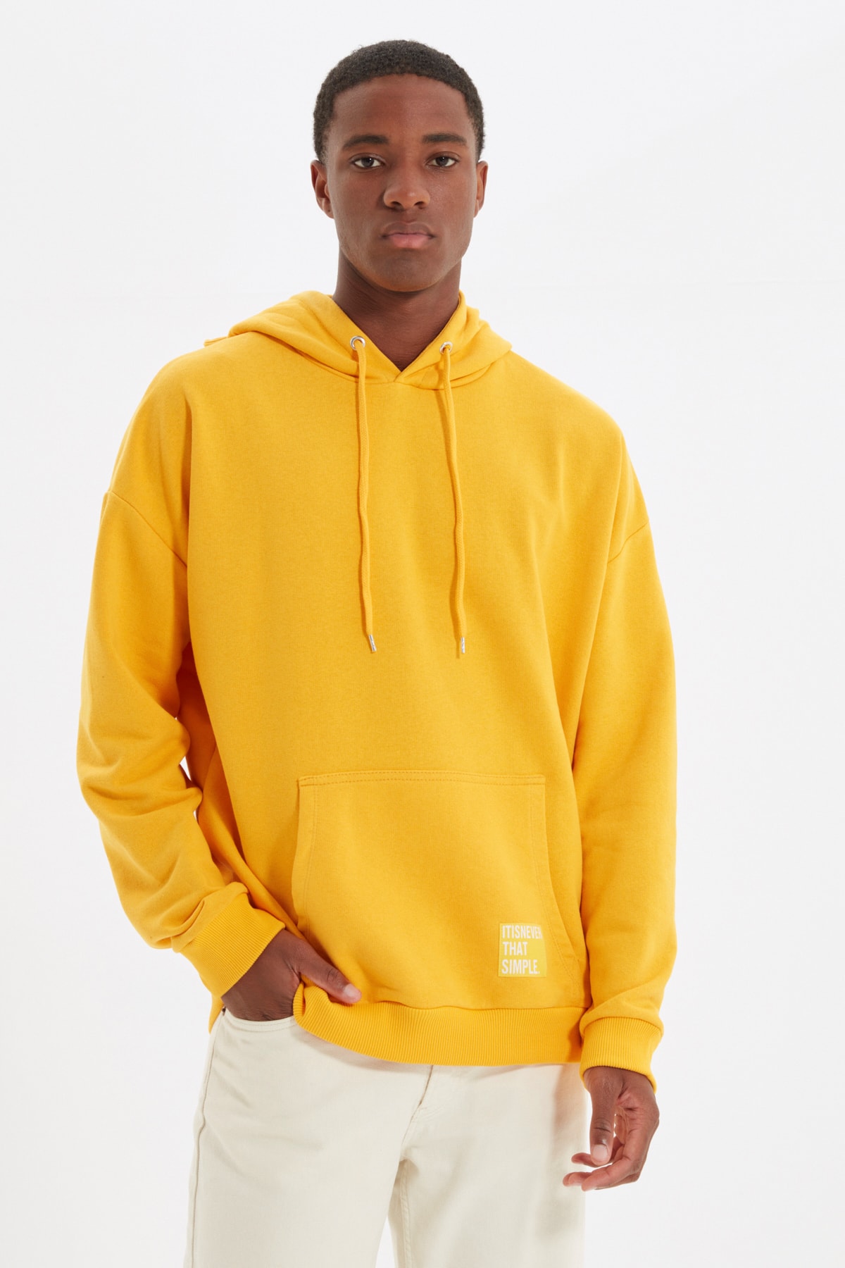 Levně Trendyol Basic Yellow Oversize/Wide-Fit Hooded Labeled Fleece Inner Sweatshirt