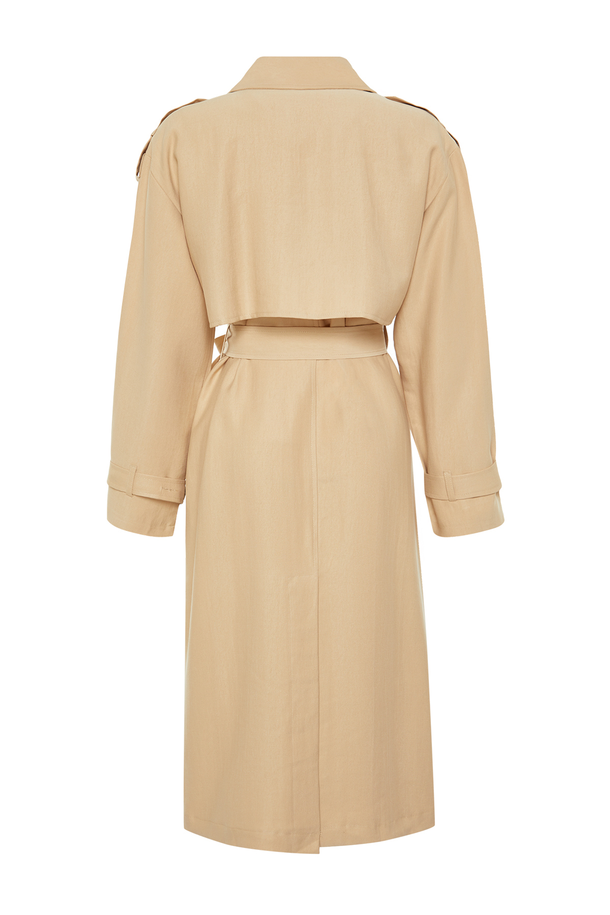 Trendyol Beige Oversize Wide Fit Soft Textured Long Trench Coat with Belt